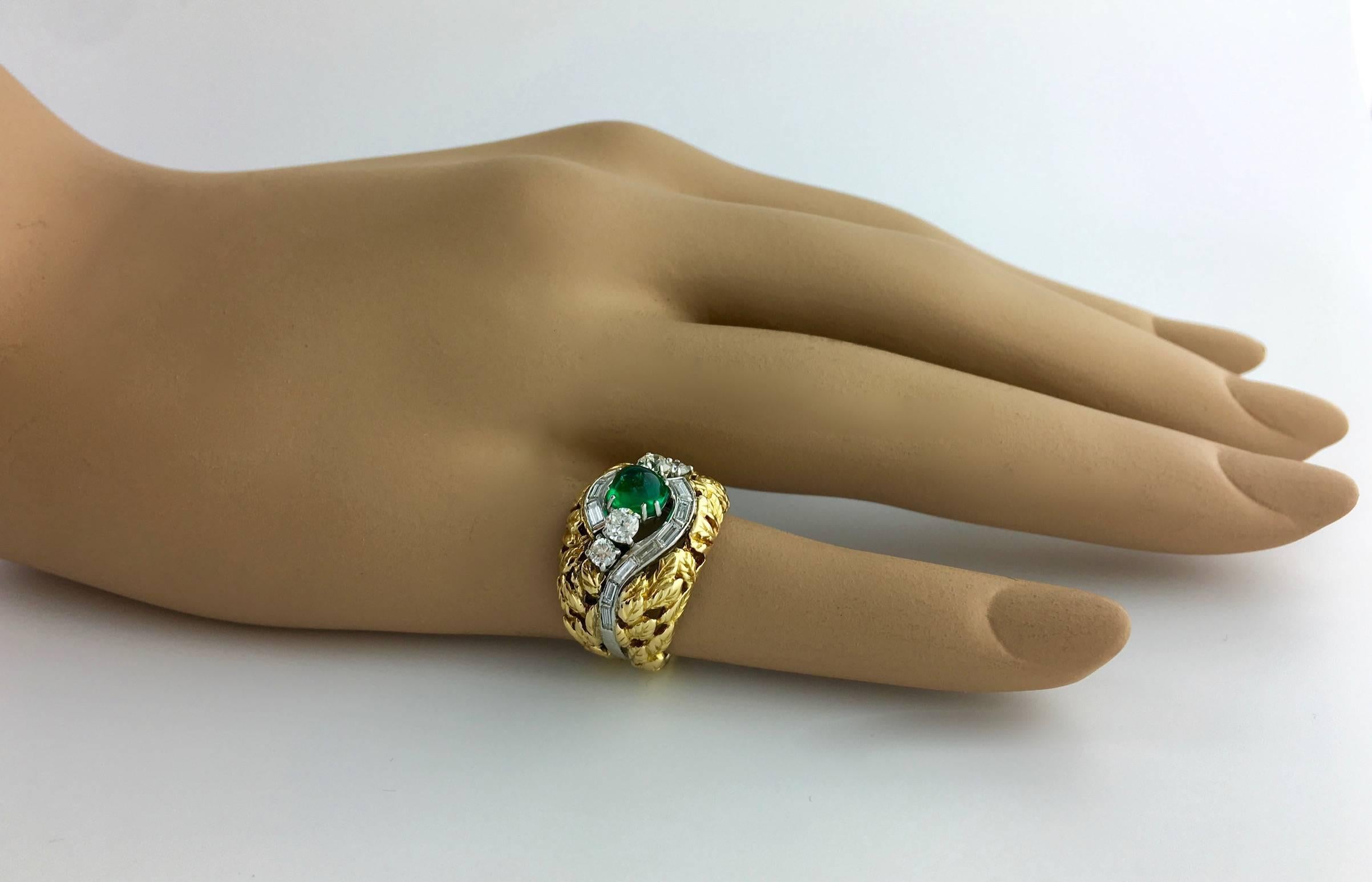 Women's or Men's 1970s Cabochon Emerald Diamond Gold Platinum Ring