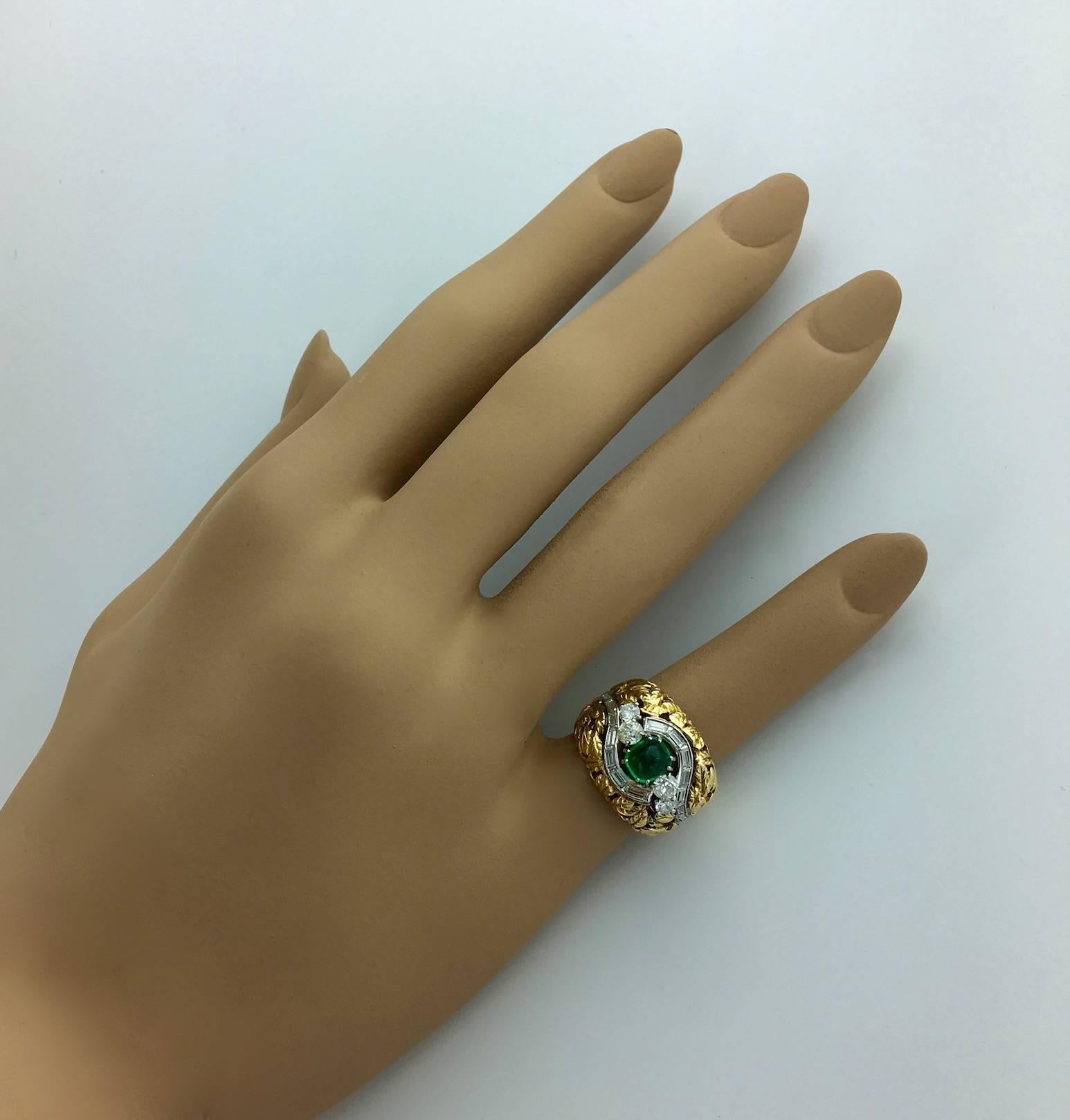 1970s Cabochon Emerald Diamond Gold Platinum Ring 1