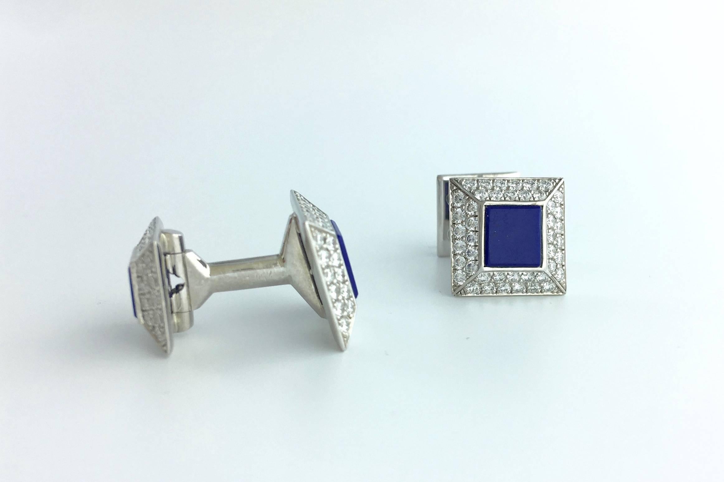 Lapis Lazuli Diamond White Gold Cufflinks In New Condition In Geneva, CH