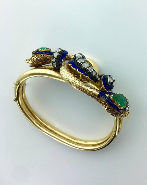 Antique Enamel Emerald Diamond Gold Entwined Snakes Bracelet For Sale