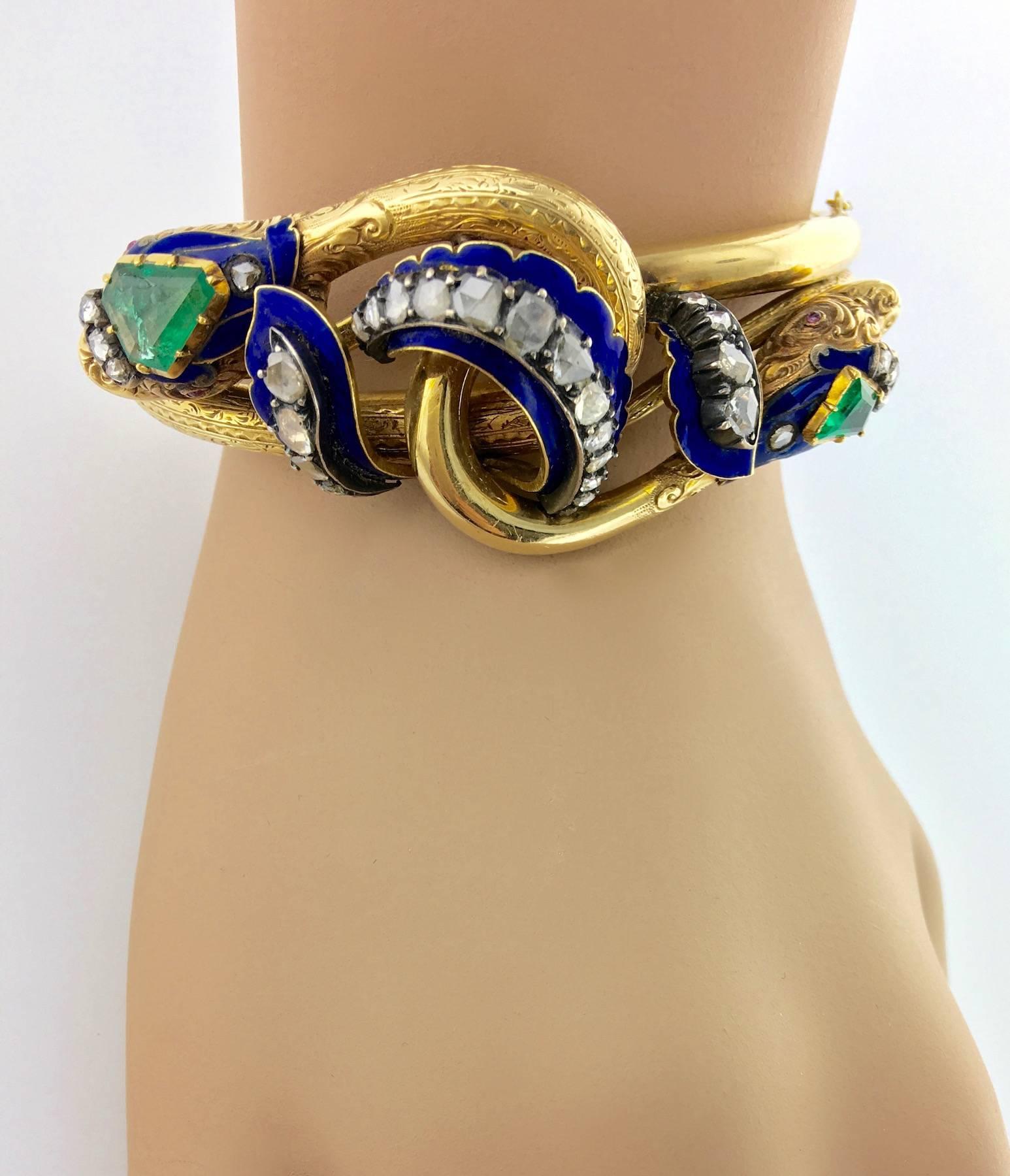 Victorian Antique Enamel Emerald Diamond Gold Entwined Snakes Bracelet
