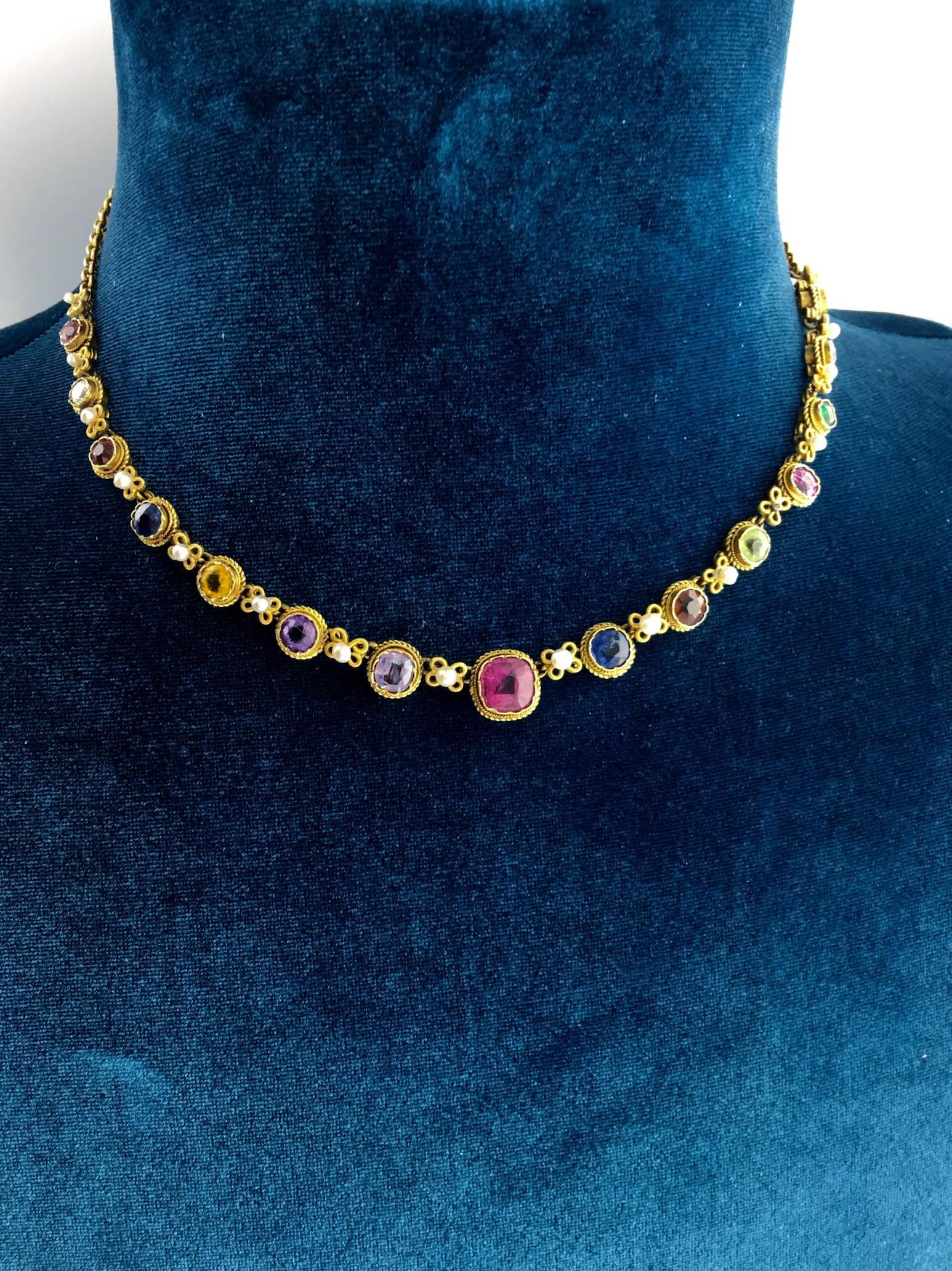 Women's or Men's Antique Multi Gem Natural Pearl Gold Necklace