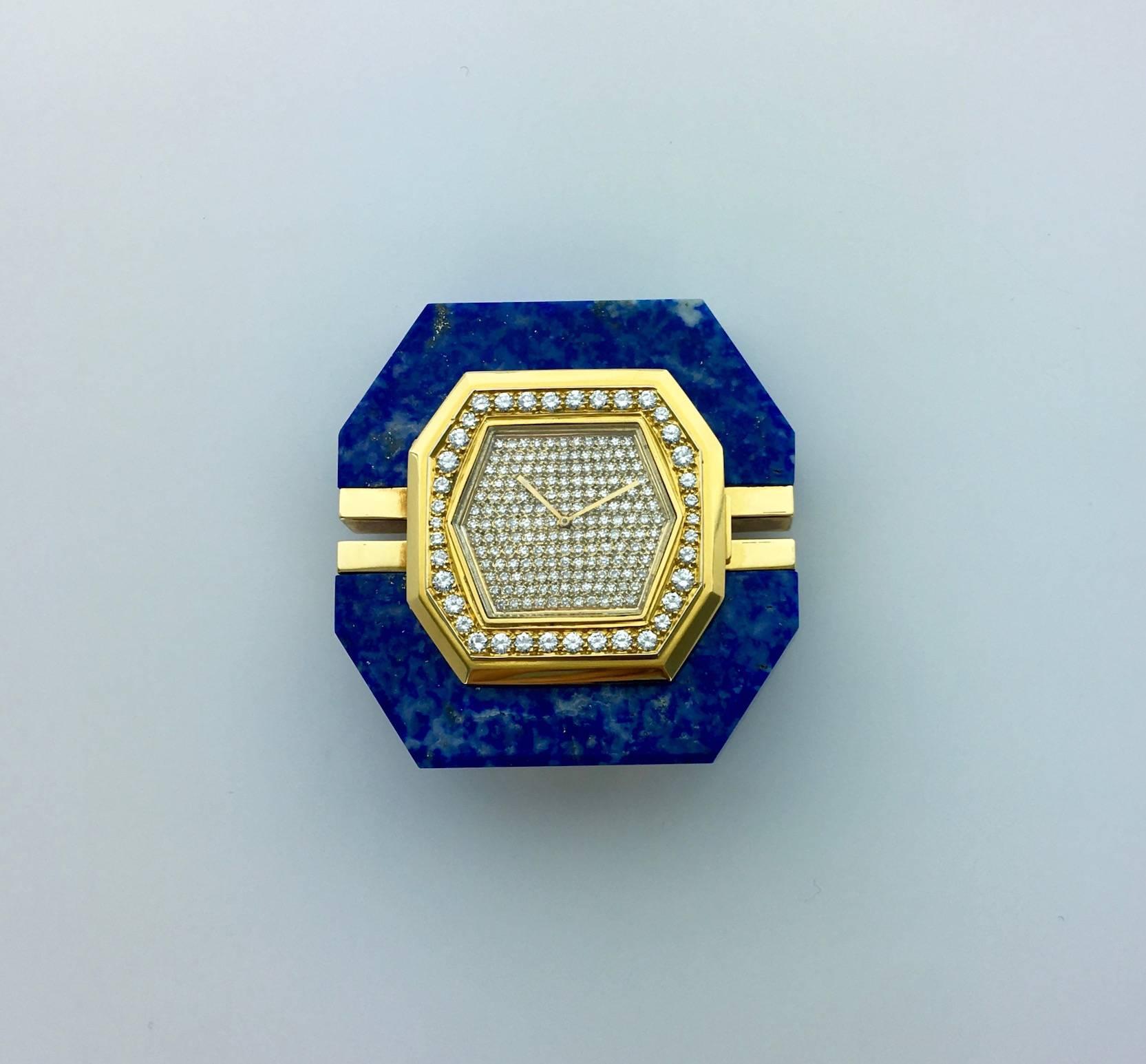 Art Deco 1980 Boucheron Diamond Lapis Lazuli Gold Clock