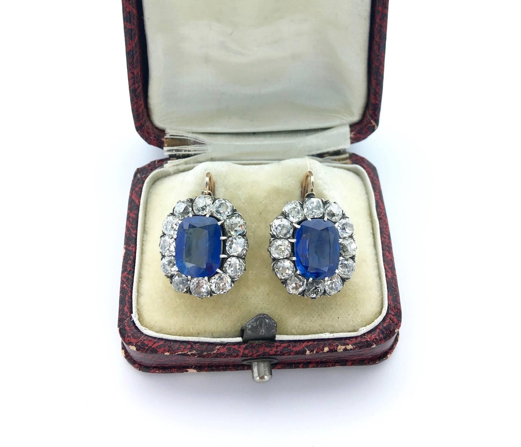 Those Antique Dormeuses Earrings are absolutely Gorgeous. Perfect volume, the Sapphire are in our opinion Ceylan non heated, weighting approximately 3.10 carats each. The Sapphires are surrounded by Old-mine cut Diamond mounted on silver and