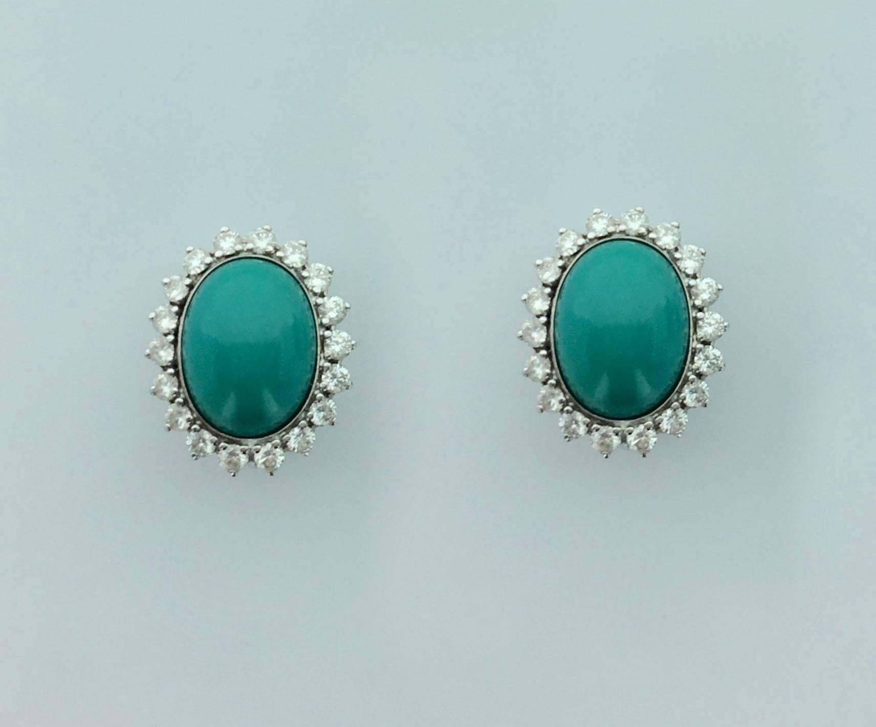 Amazing! Those Ear-clips are smart, perfectly realized. The Turquoise stones are cabochon, natural with no default. The color is the real Ocean Green/Blue Turquoise color. Each one surrounded by Diamond on white gold 18k 750.

Total height: 0.71