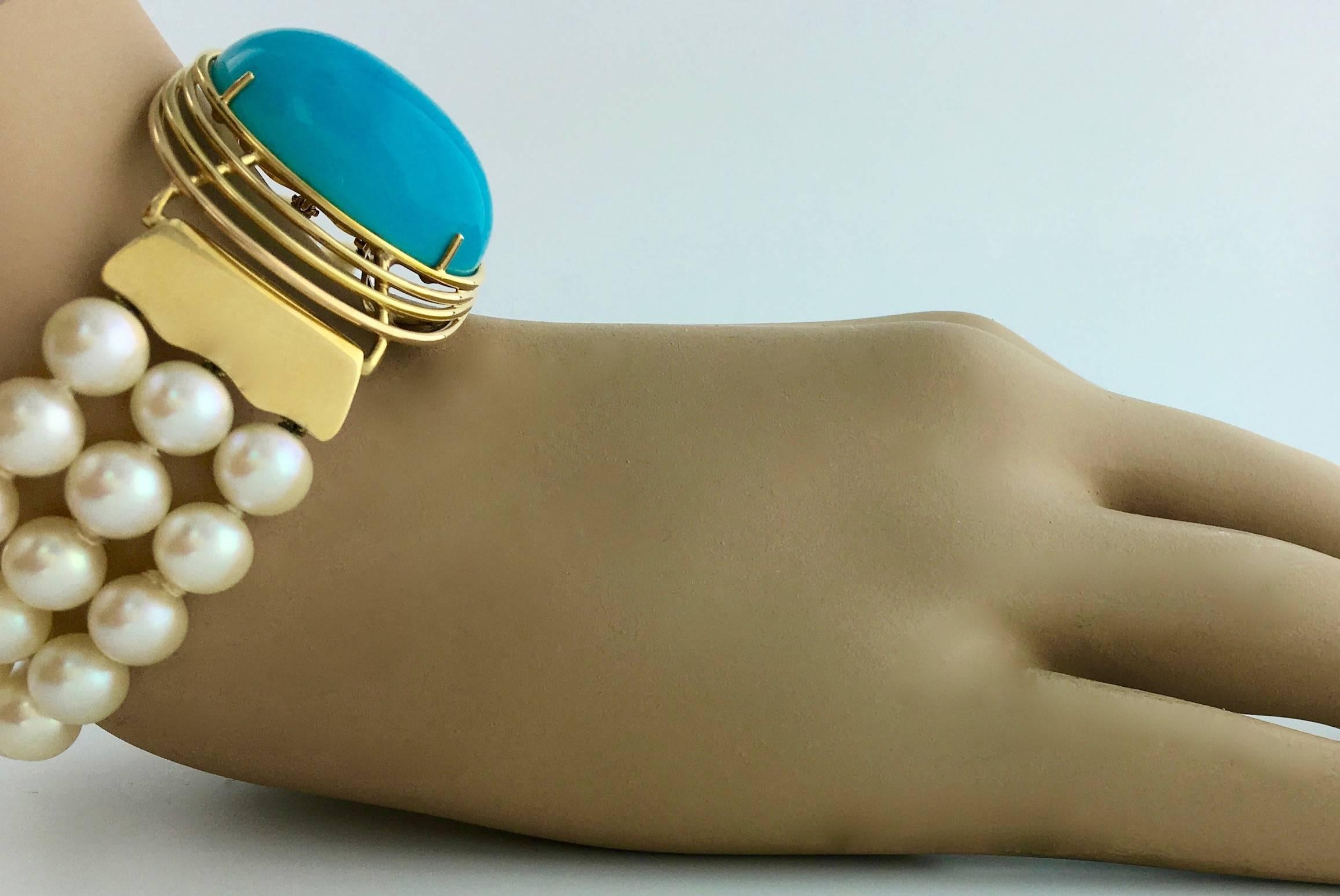 Oversized Turquoise Yellow Gold Pearl Bracelet In New Condition In Geneva, CH