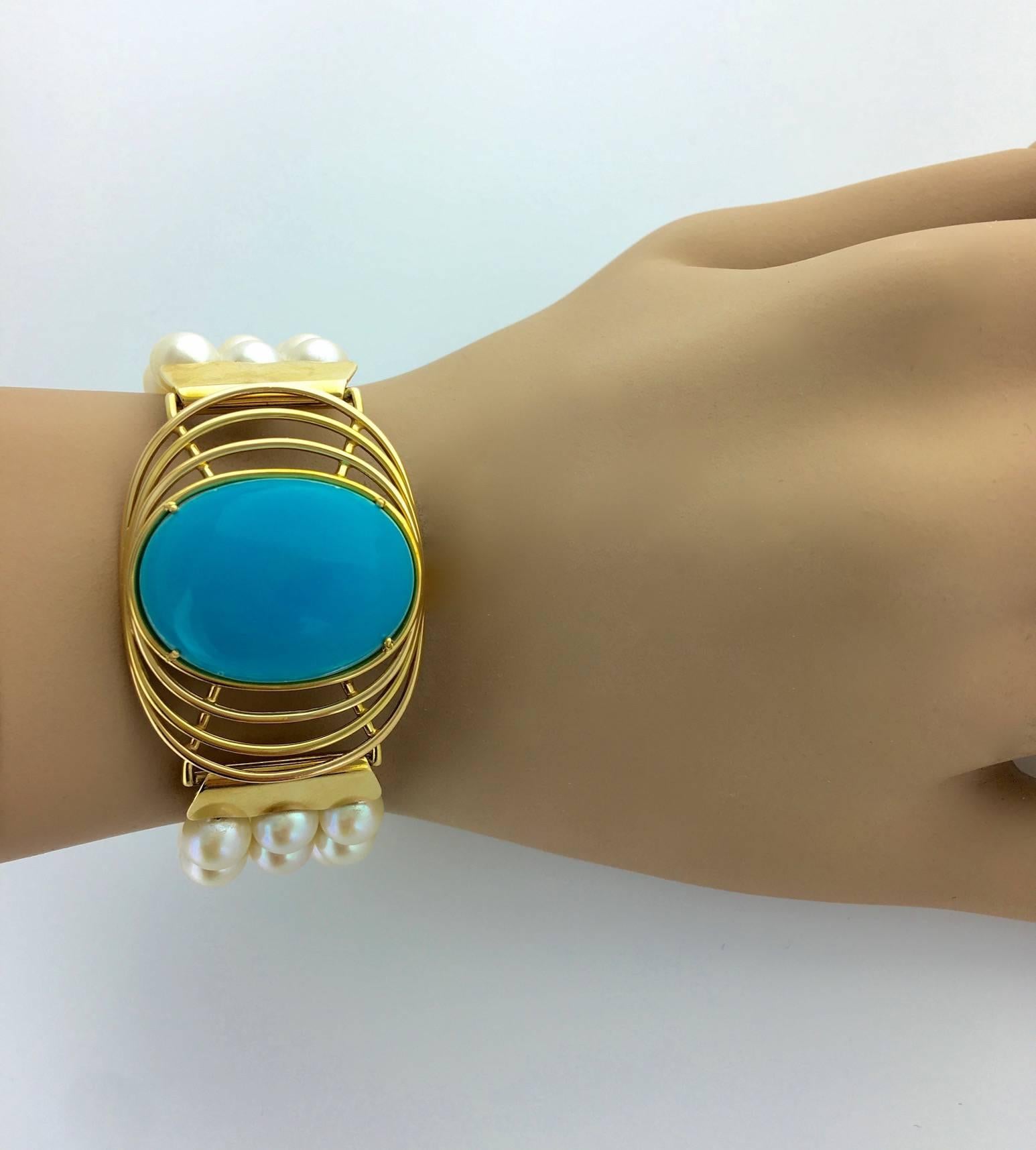 Retro Oversized Turquoise Yellow Gold Pearl Bracelet
