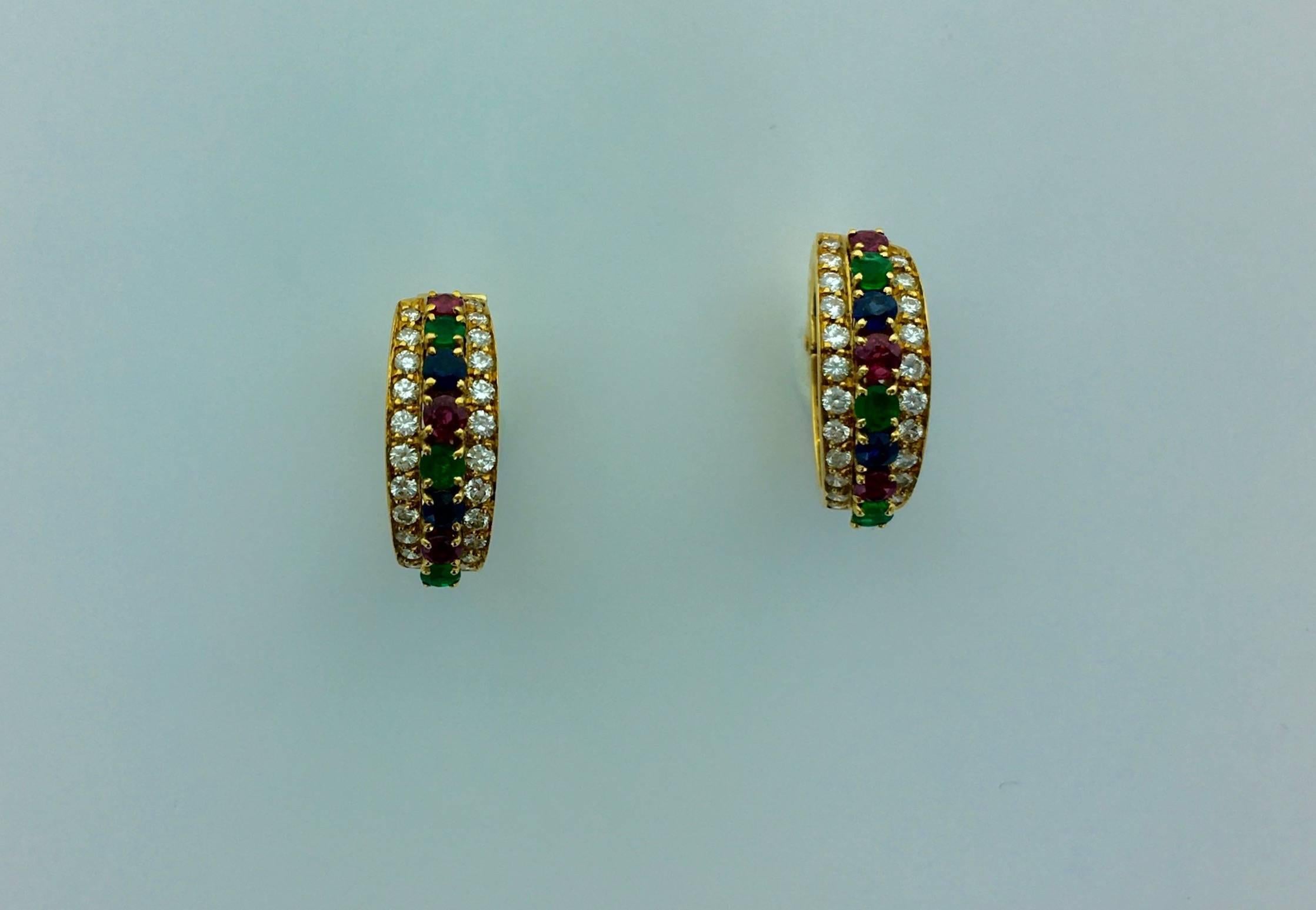 Tutti Frutti Earrings in yellow gold, Diamond, Emerald Sapphire and Ruby. 
For everyday or a special event, those Earrings are the gorgeous accessories.
Circa 1970. 

Signed, numbered and marked. 
Total height: 0.79 inch. (2.00 centimeters). 

Gross