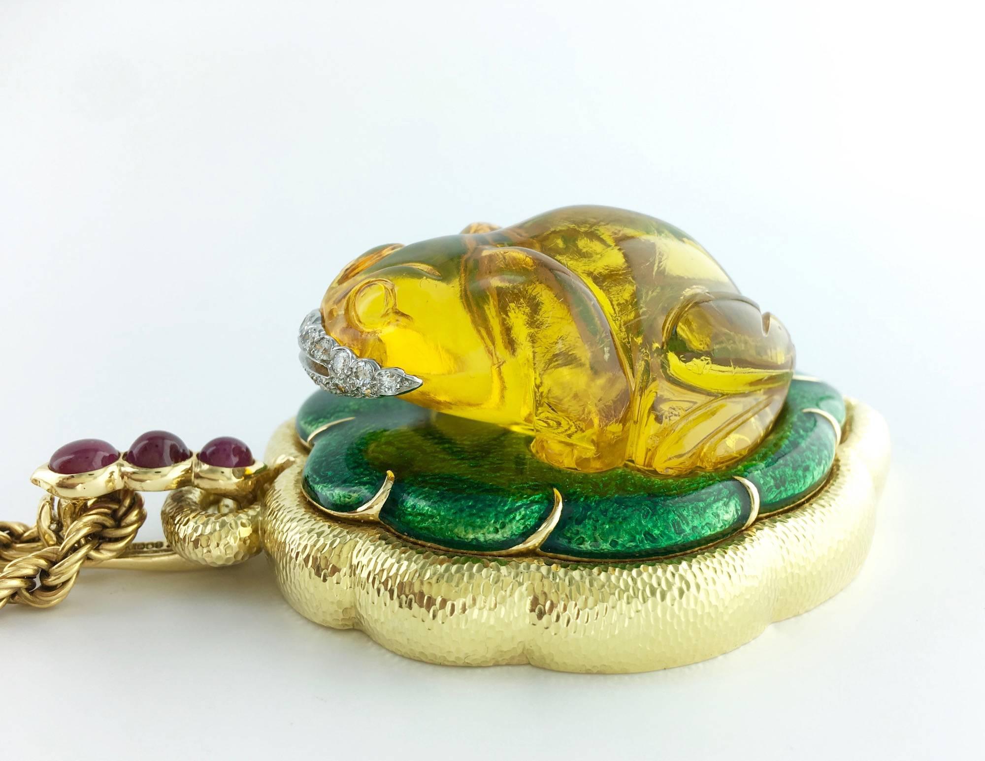 Women's 1960s David Webb Amber Diamond Ruby Enamel Gold Pendant Necklace