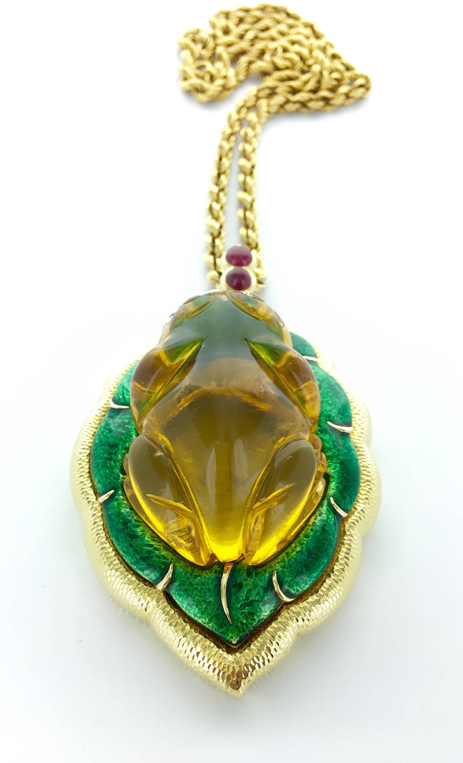 1960s David Webb Amber Diamond Ruby Enamel Gold Pendant Necklace 1