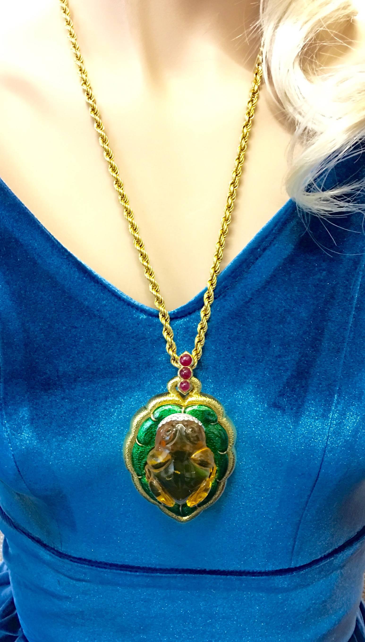 1960s David Webb Amber Diamond Ruby Enamel Gold Pendant Necklace 2