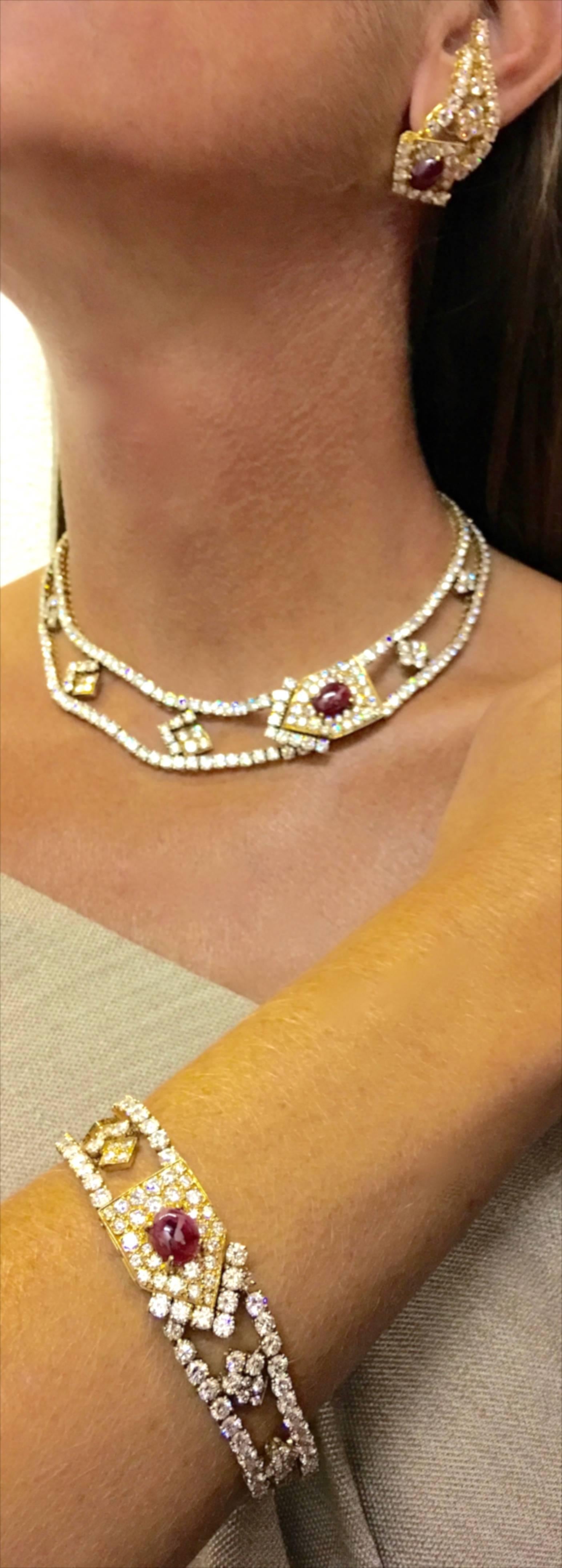 Women's 1970s M. Gerard Paris Diamond Ruby Cabochon Gold Set Necklace Earrings Bracelet