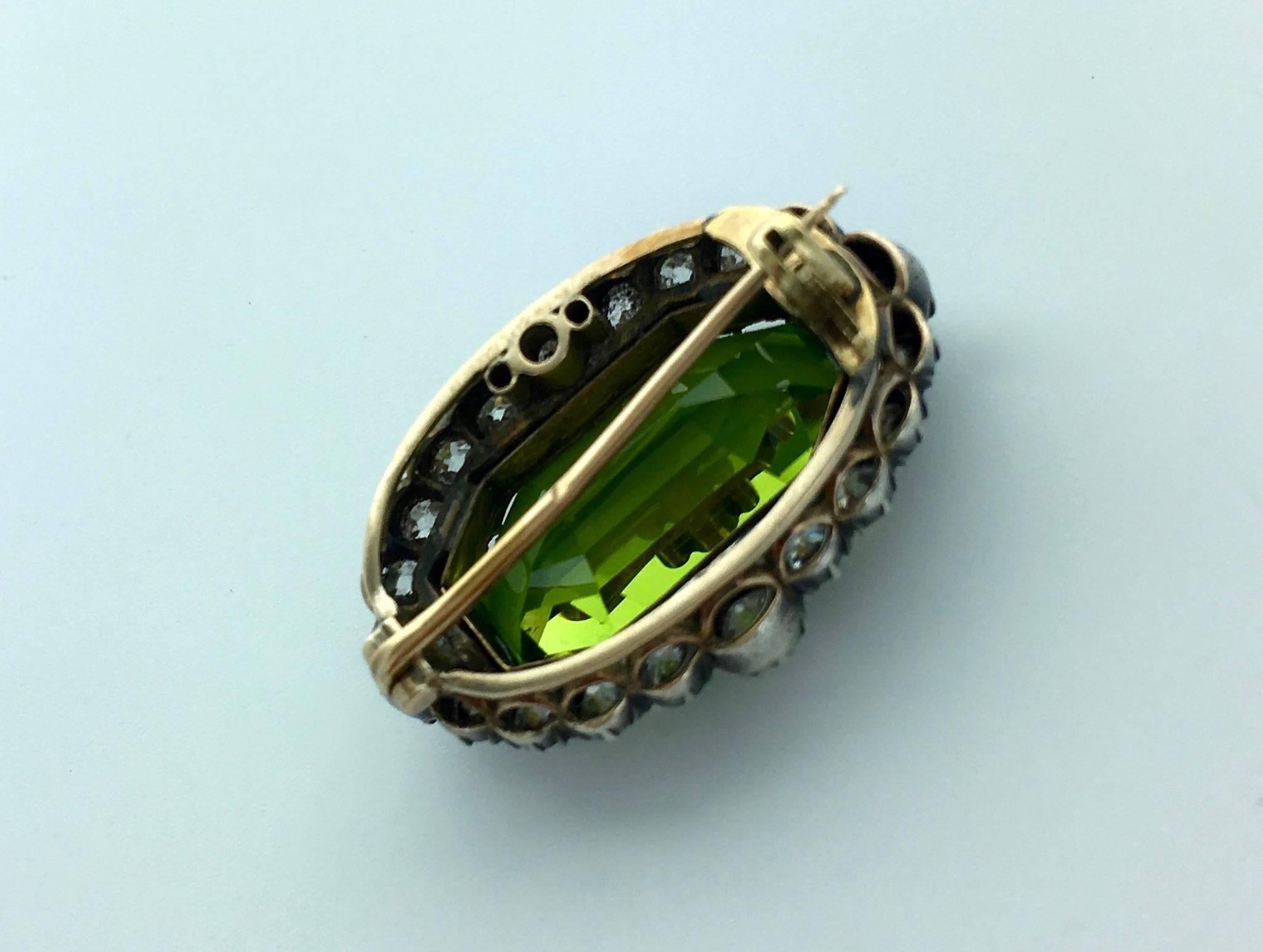 Women's 19th Century French Antique Peridot Diamond Silver Gold Brooch