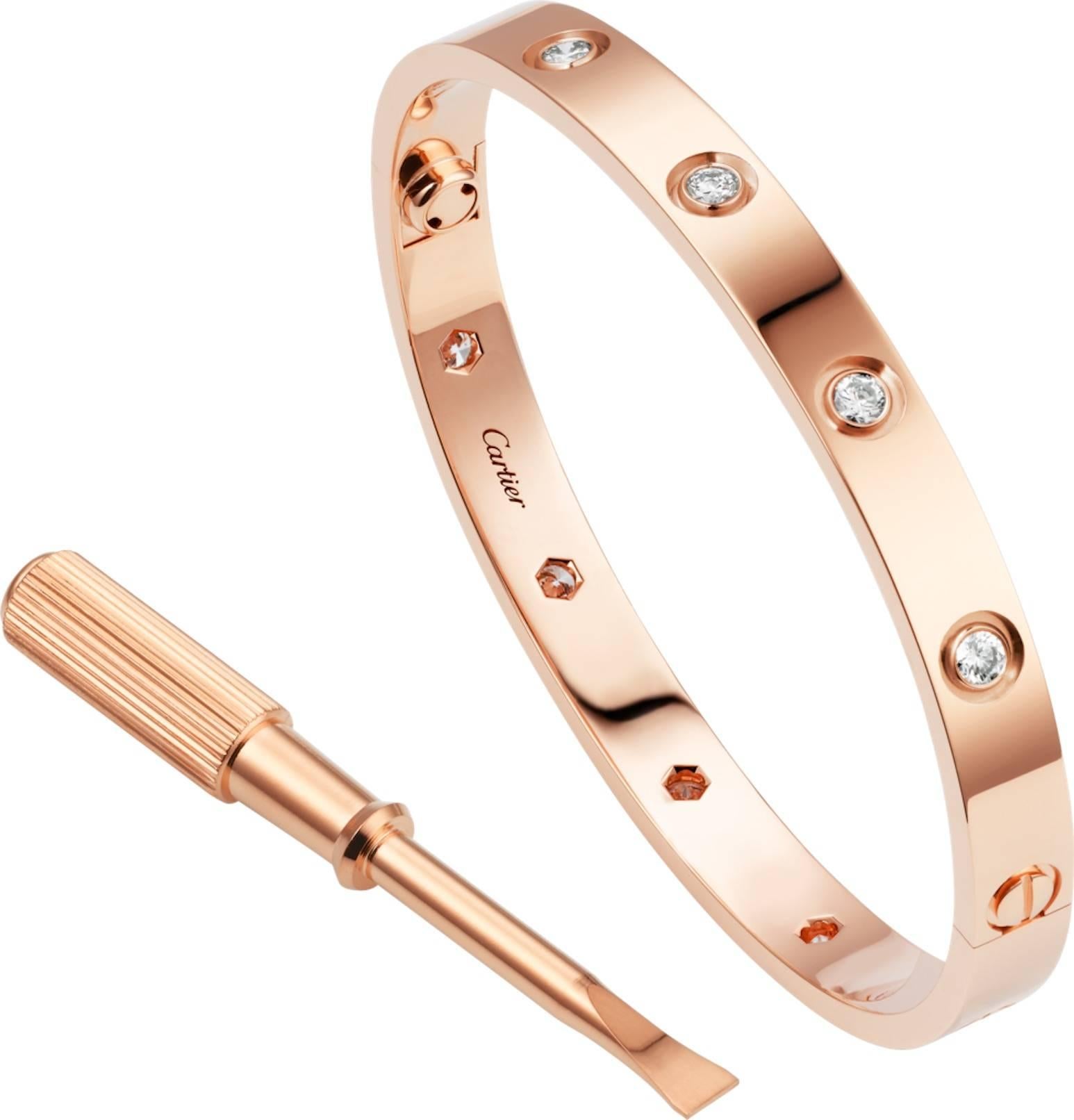 A Must-Have! The beautiful Love bracelets designed by Cartier turn a promise into a commitment.

The Love Bracelet in Pink Gold 750 18k is set by 10 round cut diamonds (Total approximately 0.96 carat). 
It is proposed with the identical model in