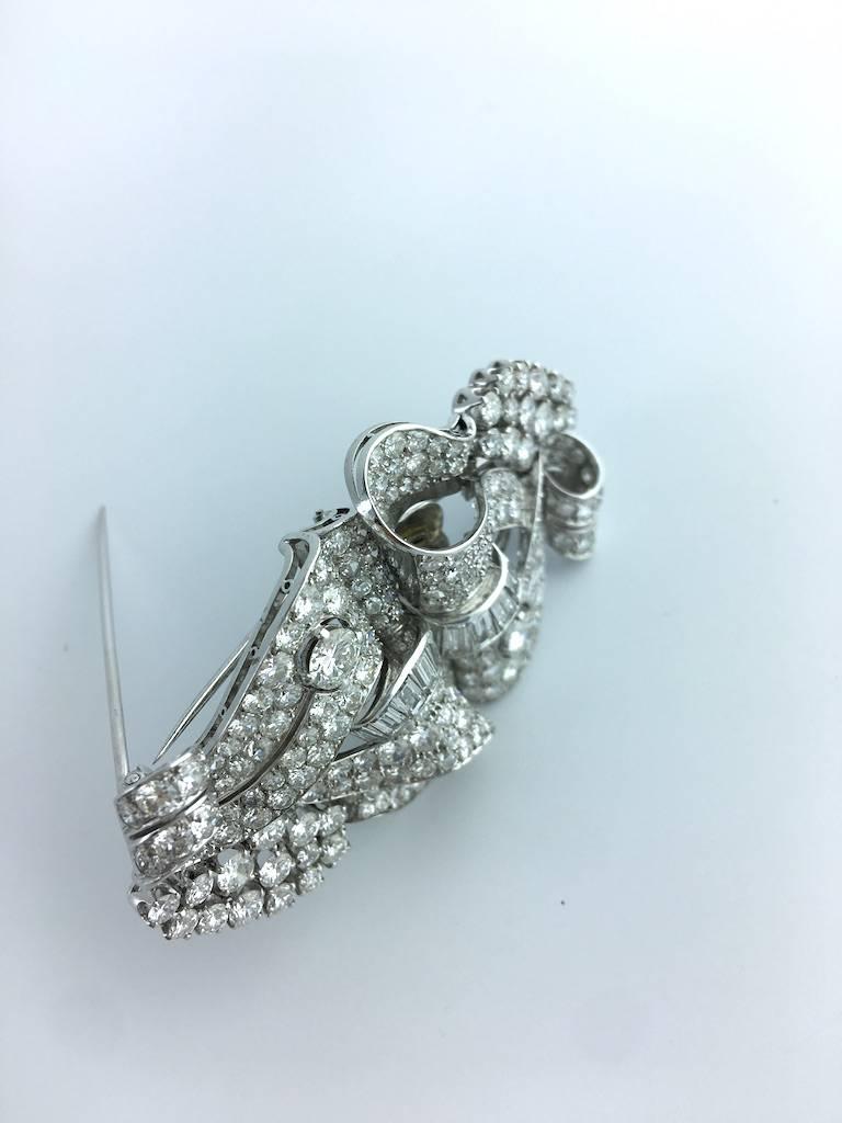 Women's or Men's Art Deco Diamond Scroll Platinum Double Clip Brooch