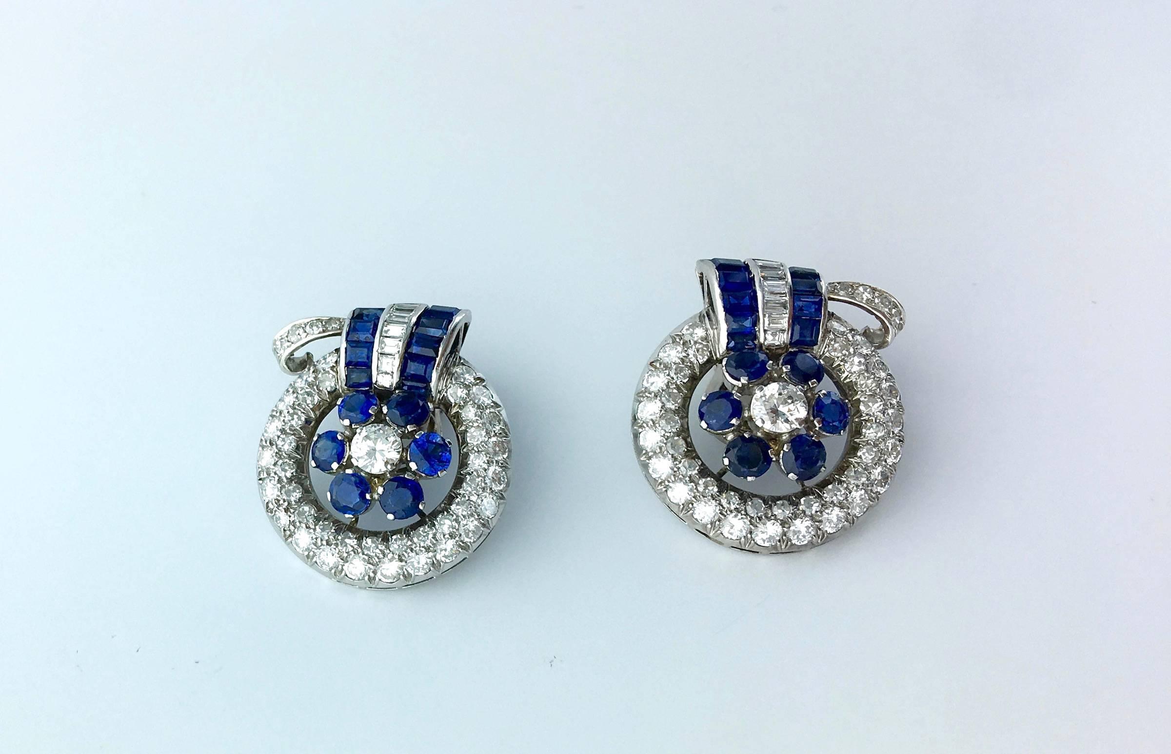 Art Deco Retro Sapphire Diamond Platinum Earrings