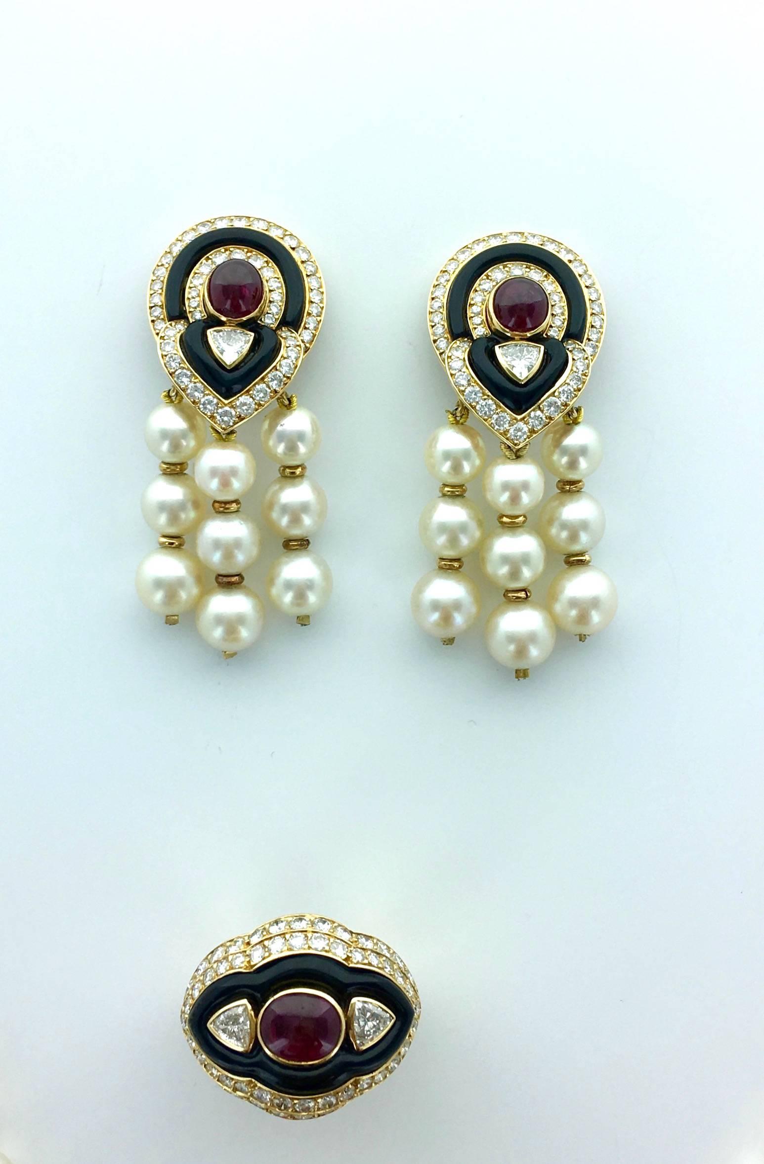 Women's 1980s Boucheron Diamond Ruby Onyx Pearl Set Earrings Ring Necklace