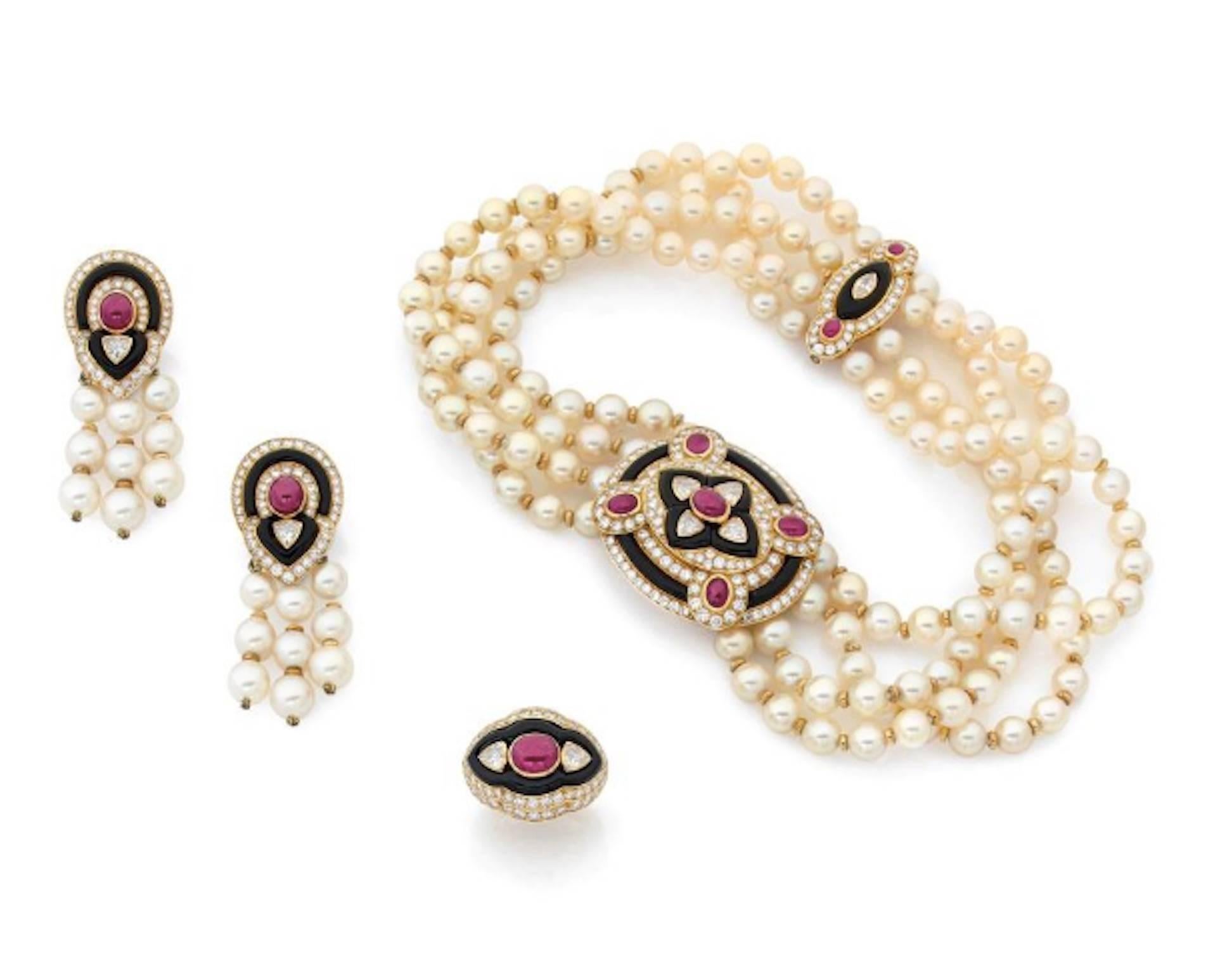 1980s Boucheron Diamond Ruby Onyx Pearl Set Earrings Ring Necklace In Excellent Condition In Geneva, CH