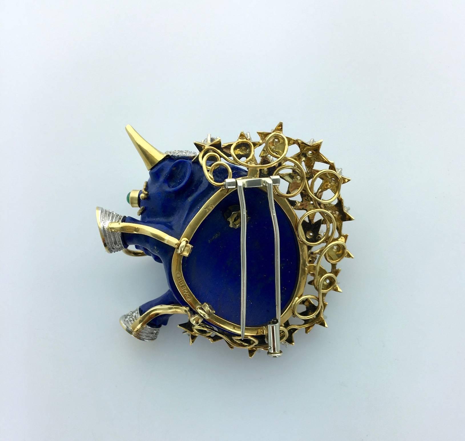 Women's or Men's David Webb Taurus Lapis Lazuli Diamond Gold Brooch Pendant