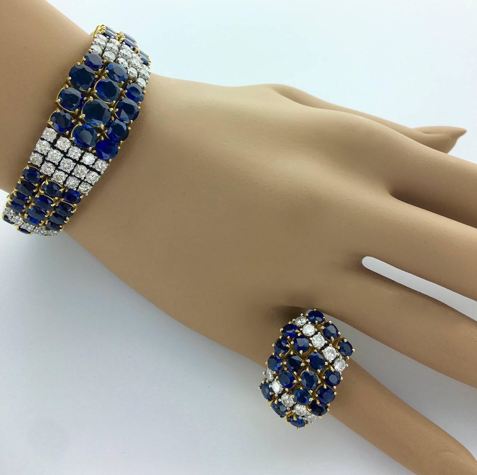 Full set including a Necklace, a Bracelet, a Ring and a pair of Earrings.
Blue Sapphire and Diamond on Gold.
Circa 1970.