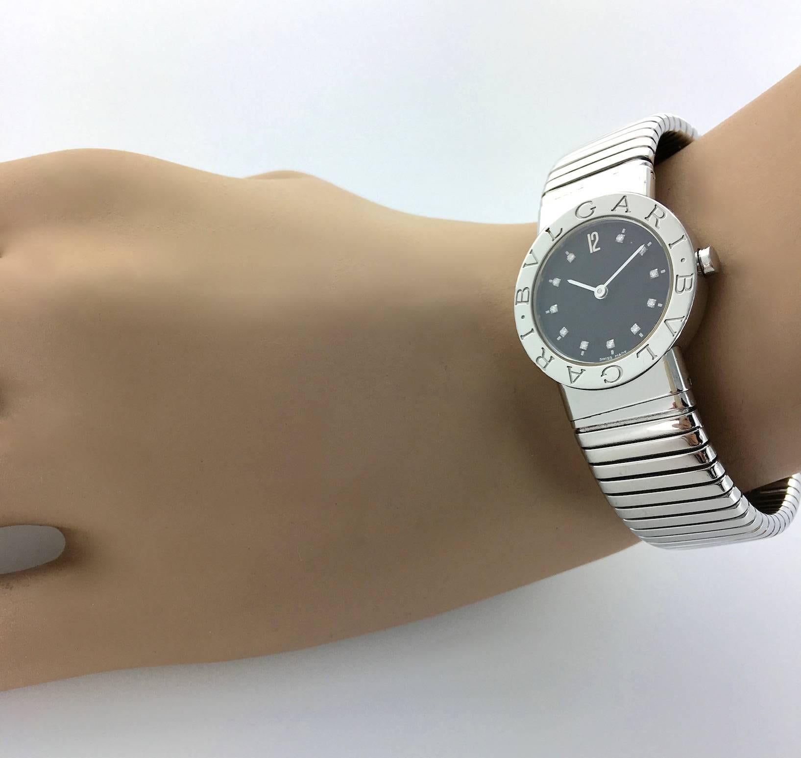 Classic, Chic, Timeless...
Bulgari Tubogas Watch stainless Steel with Diamond.
Circa 1980.
Signed, numbered and marked.