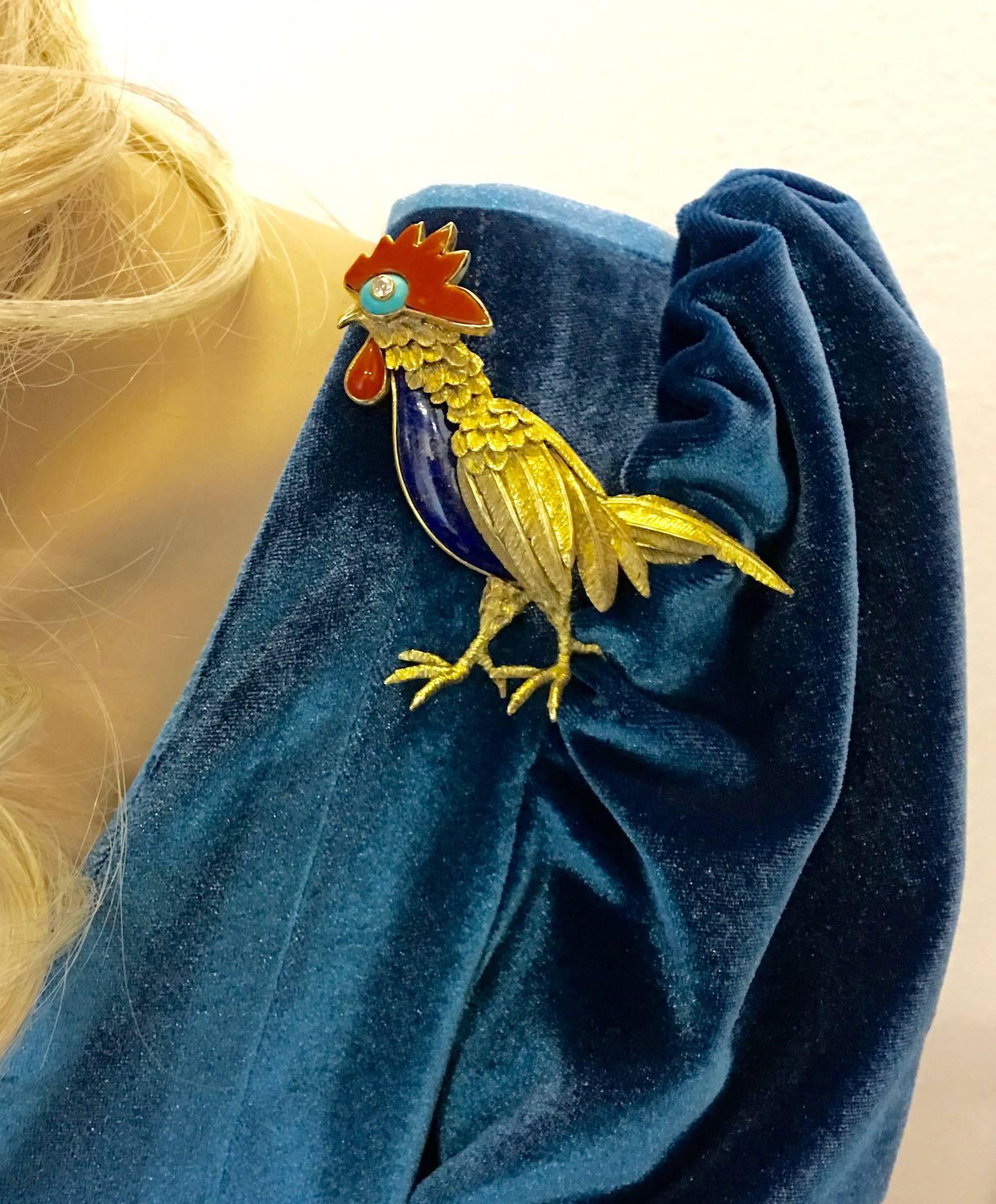 Jean Claude Champagnat Diamond Lapis Lazuli Turquoise Gold Rooster Brooch