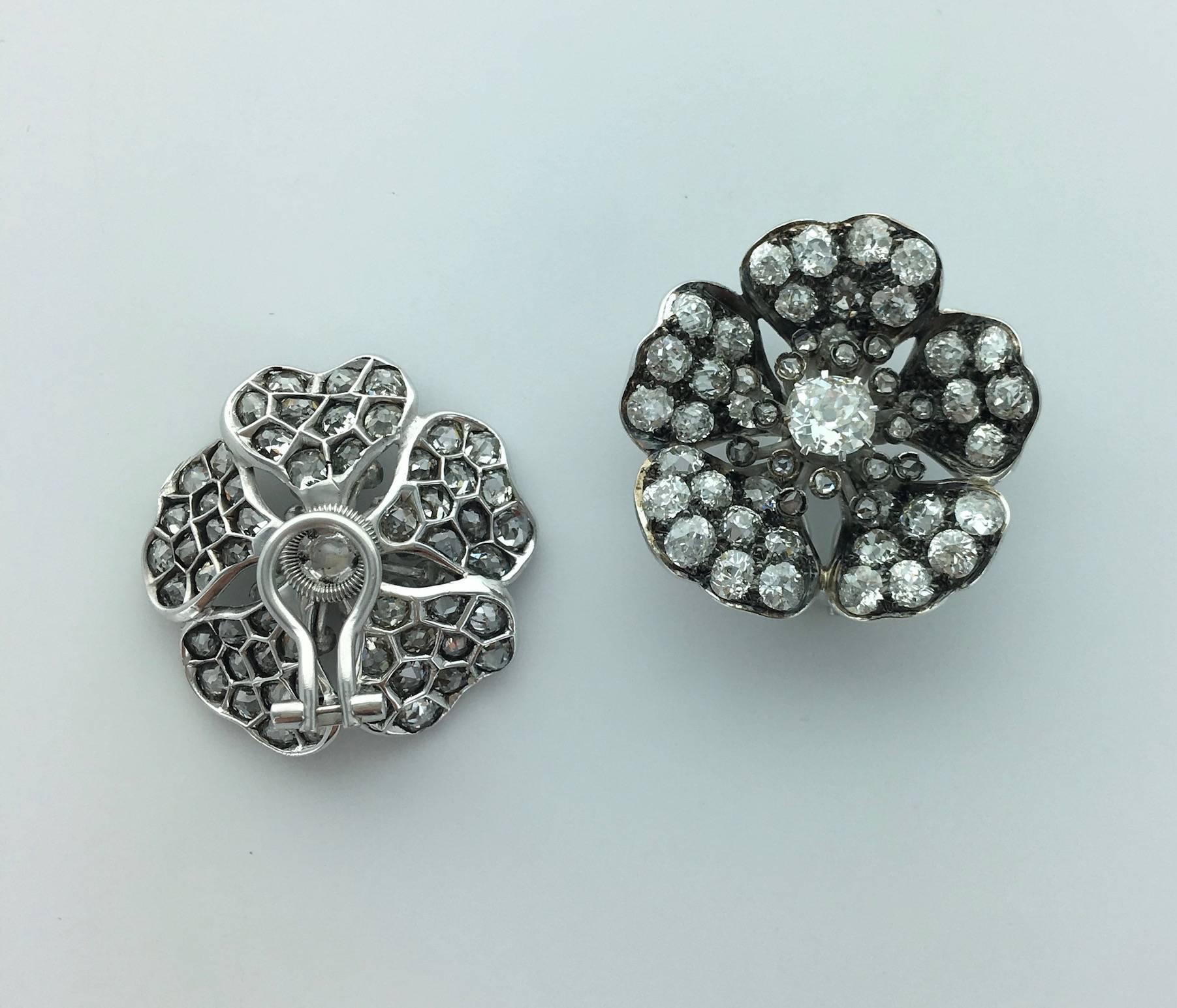 Romantic Antique Flower Diamond Platinum and Gold Earrings