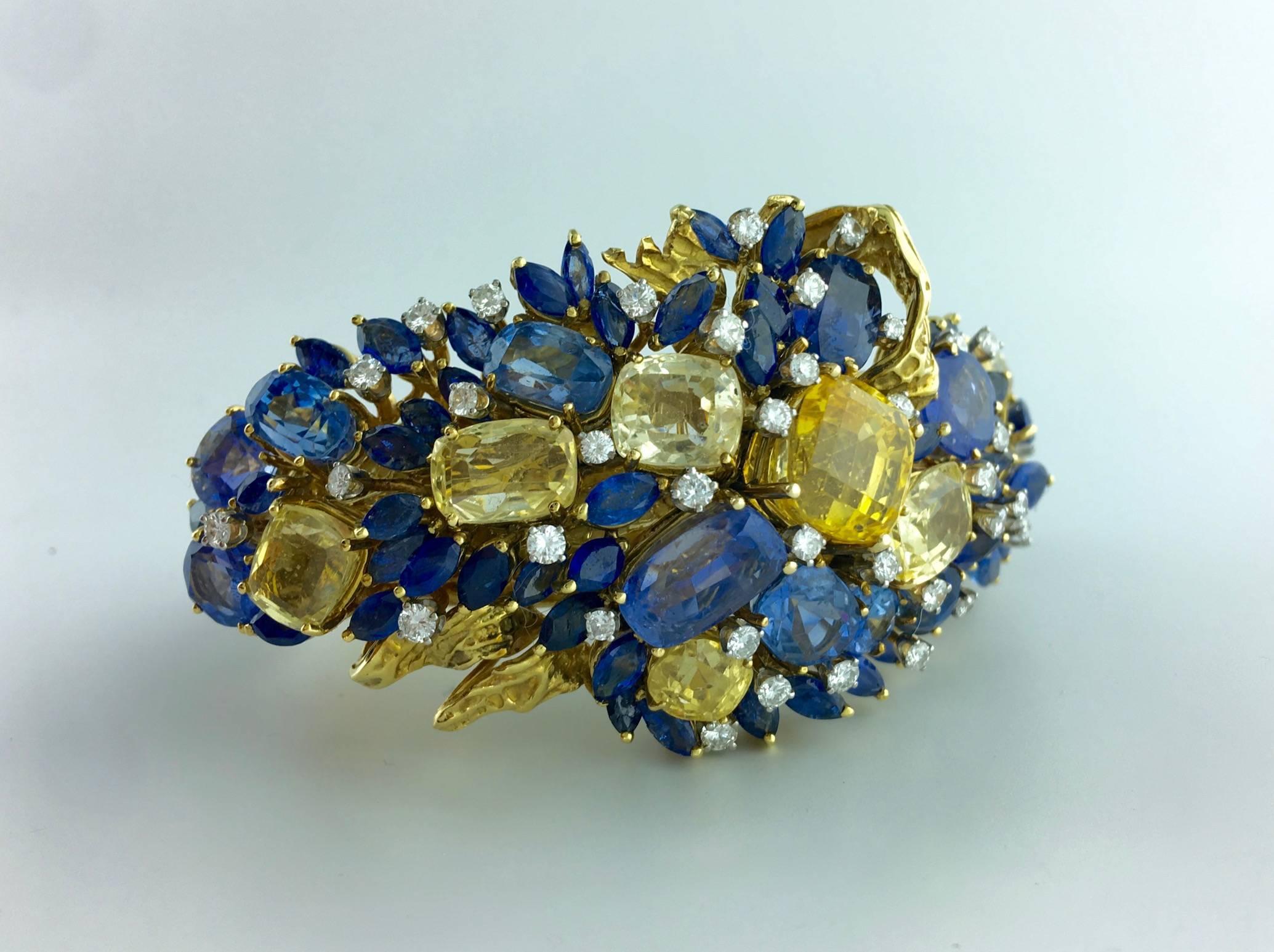 Women's or Men's 1950s Multicolored Sapphire and Diamond Bangle Bracelet
