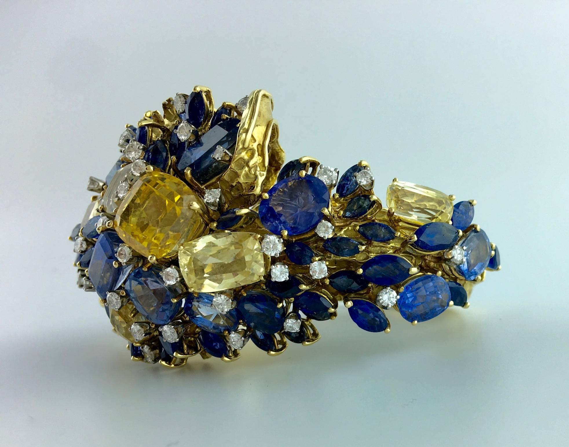 1950s Multicolored Sapphire and Diamond Bangle Bracelet 1