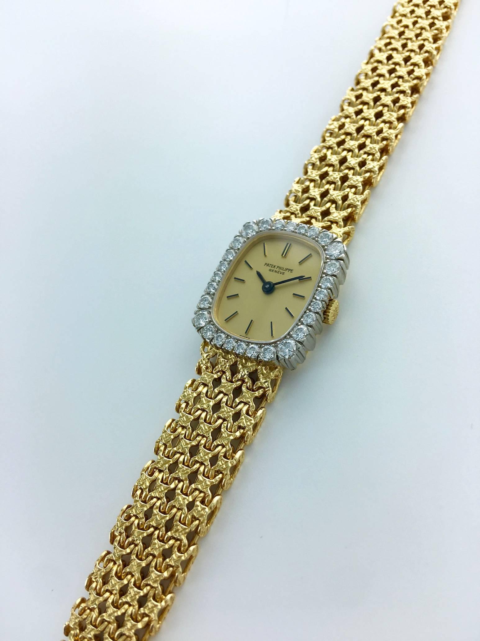 Round Cut 1970s Patek Philippe Diamond Gold Wristwatch