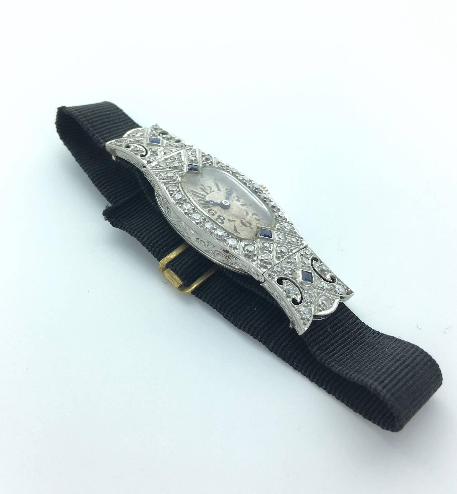 Art Deco Glycine Diamond Sapphire Wristwatch 1920s  In Excellent Condition In Geneva, CH