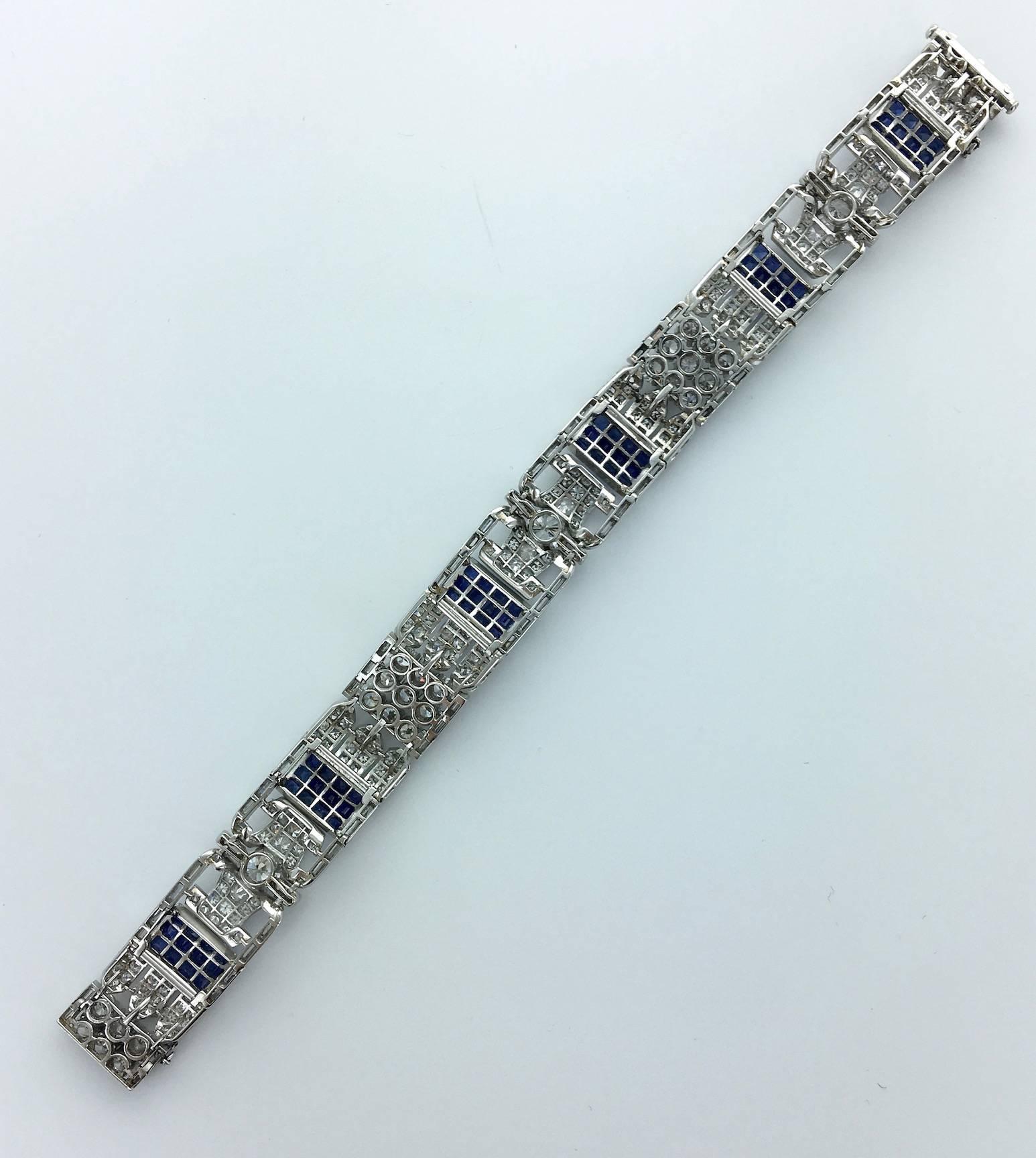 Baguette Cut 1930s Art Deco Sapphire Diamond Platinum Bracelet