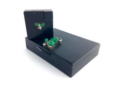 Cartier Paris 1925 Emerald Diamond Black Laquer Powder Box and Cigarette Lighter