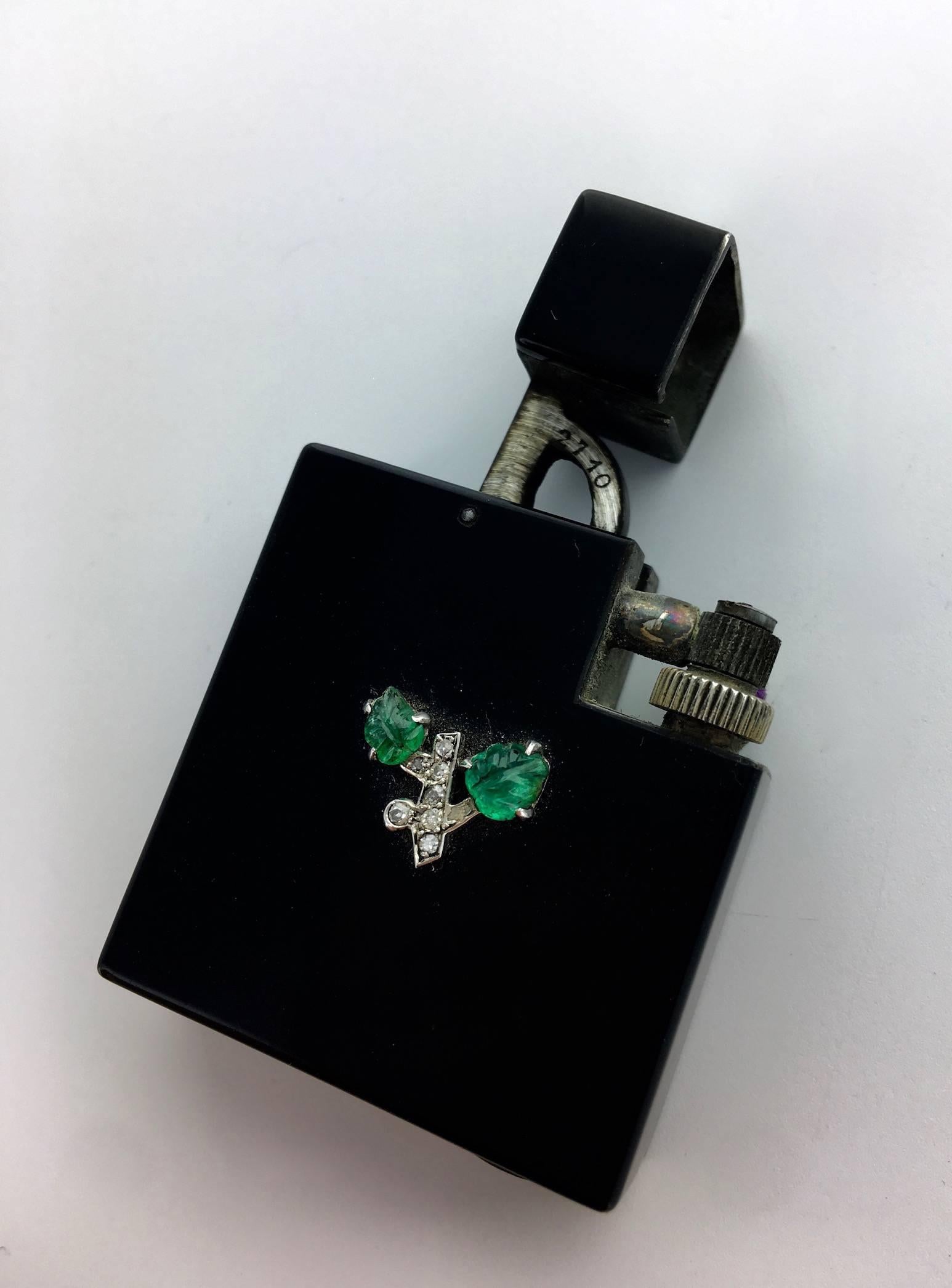 Art Deco Cartier Paris 1925 Emerald Diamond Black Laquer Powder Box and Cigarette Lighter