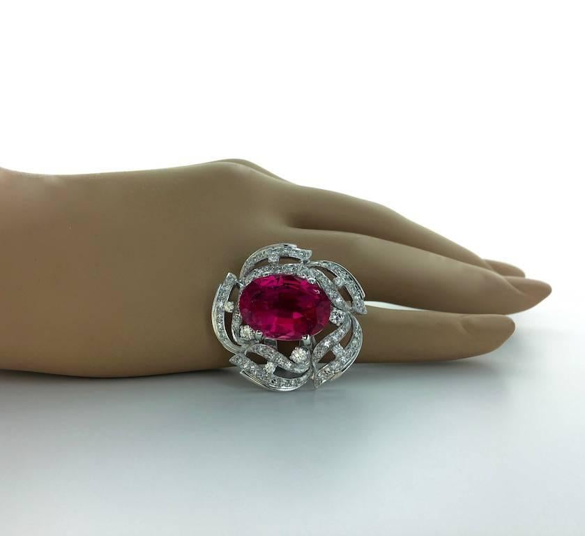 Oval Cut 13.15 Carat Tourmaline Rubellite Diamond White Gold Ring