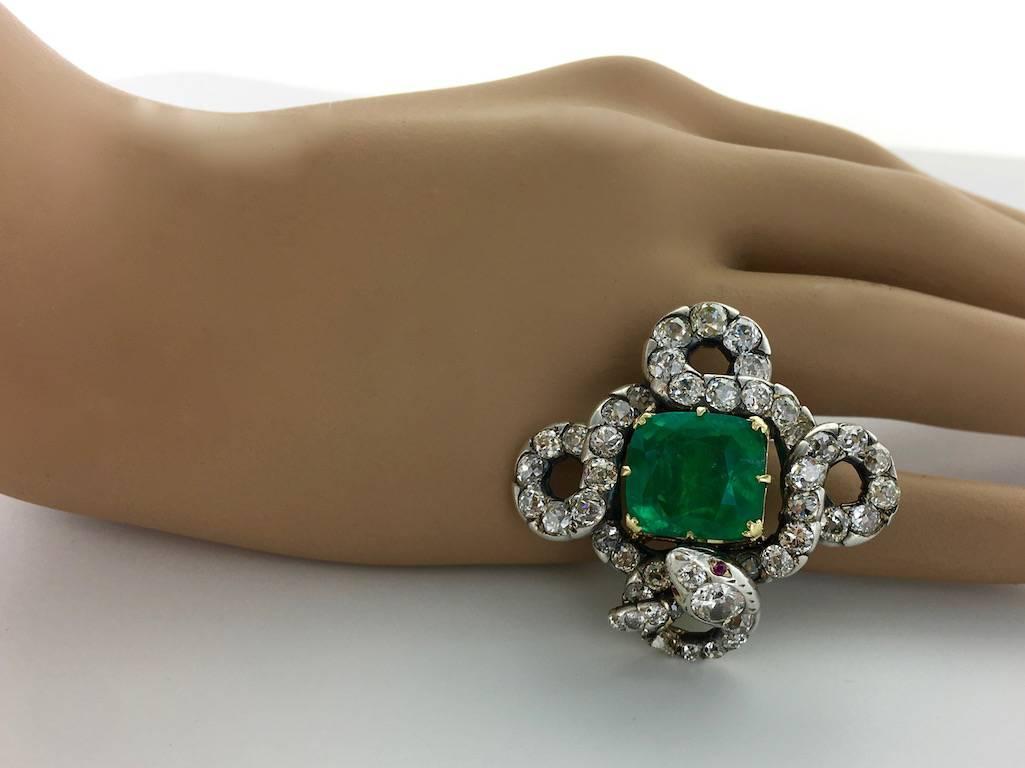 Victorian 15.43 Carat Colombian Emerald on Antique Italian Snake Diamond Silver Gold Ring