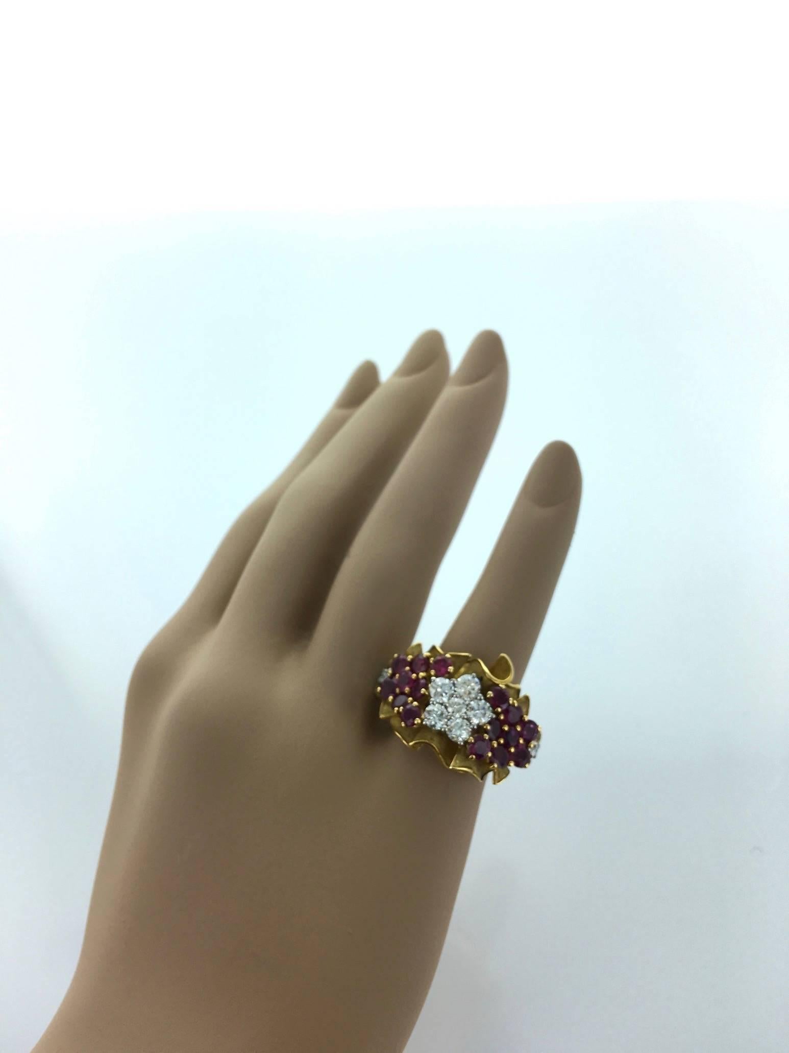 Women's 1940s Retro French Ruby Diamond Gold Platinum Flower Bouquet Ring