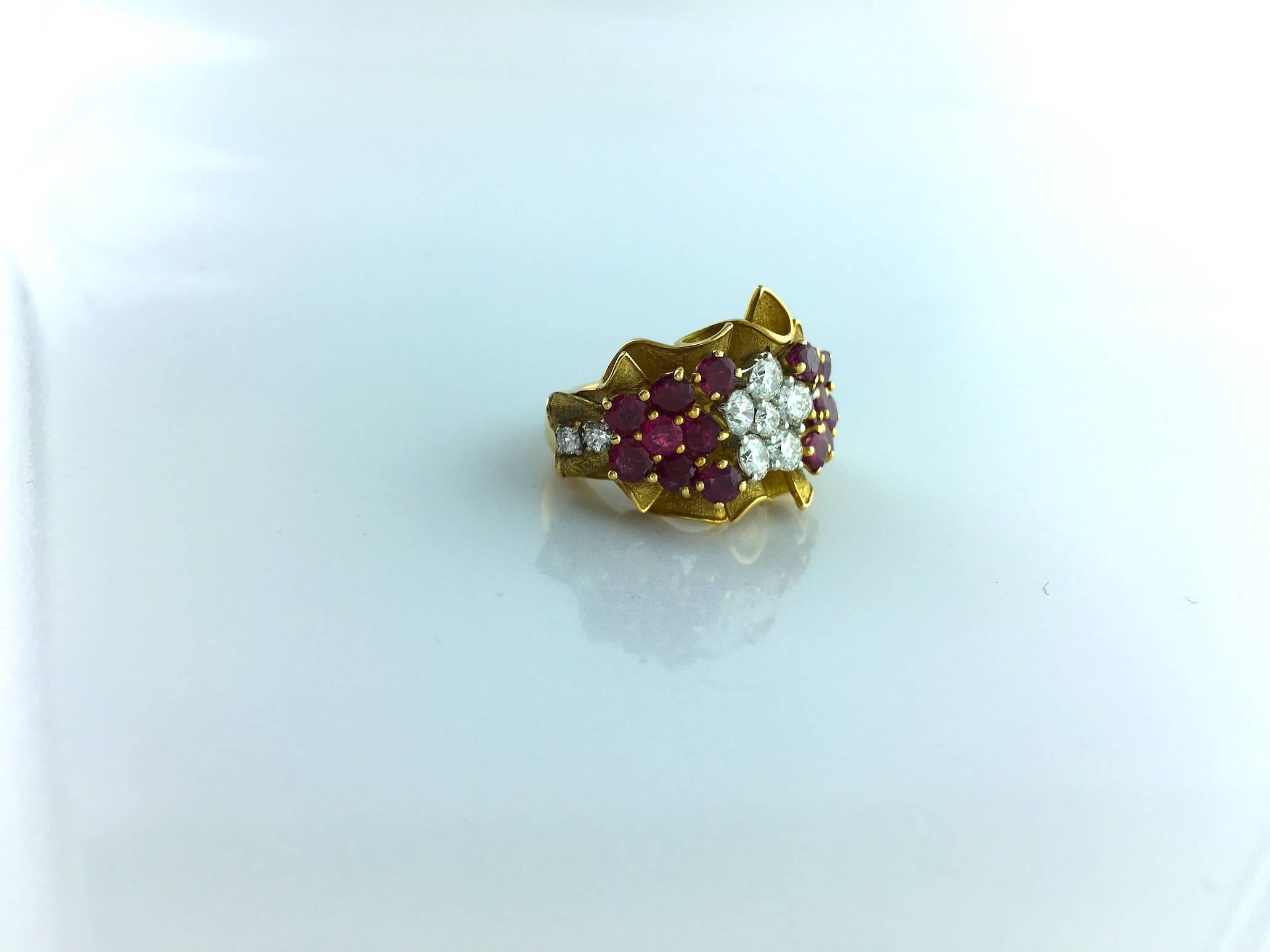 1940s Retro French Ruby Diamond Gold Platinum Flower Bouquet Ring 1