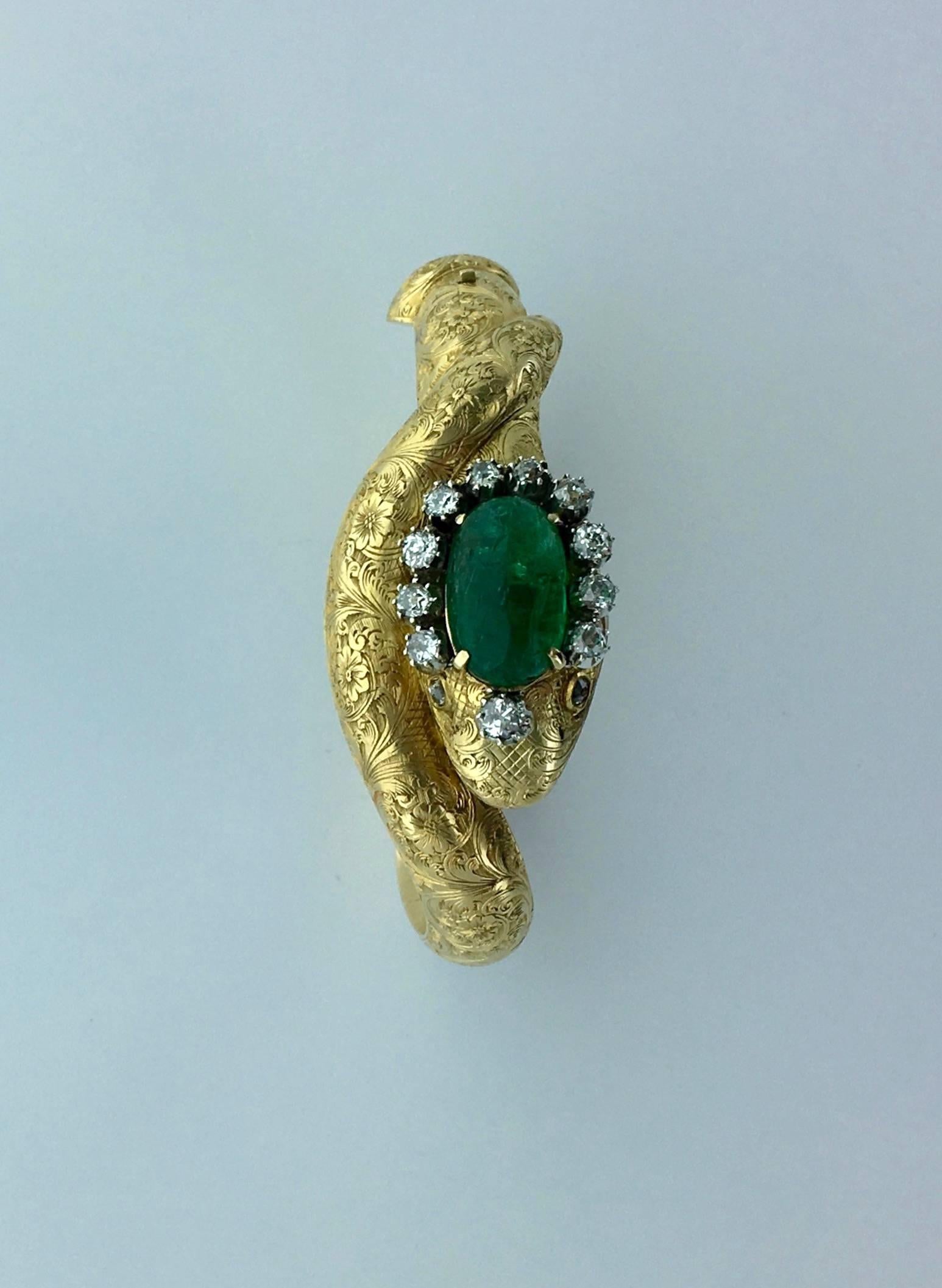 Victorian Emerald Diamond Gold Serpent Snake Bangle Bracelet In Excellent Condition In Geneva, CH