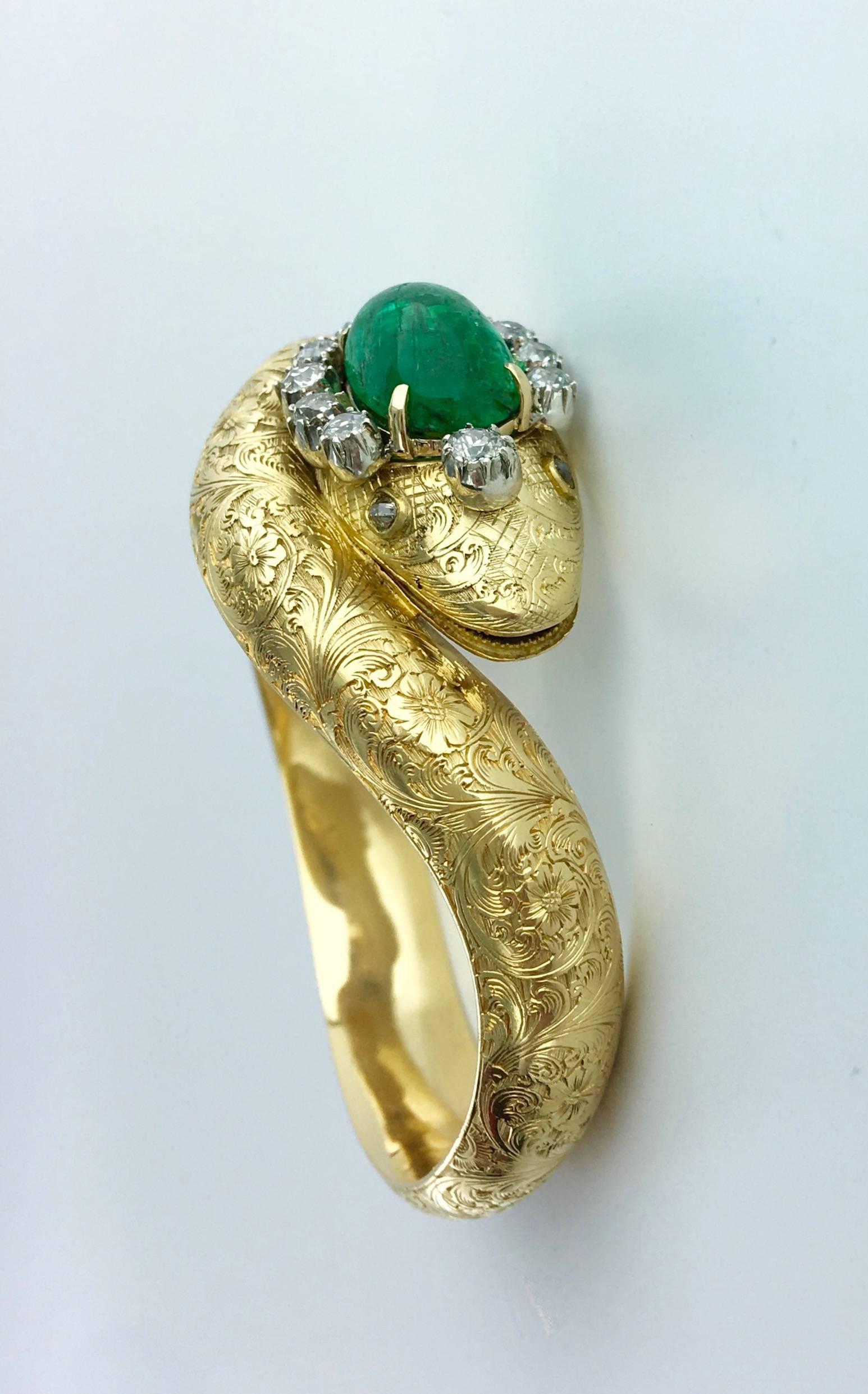 Women's or Men's Victorian Emerald Diamond Gold Serpent Snake Bangle Bracelet