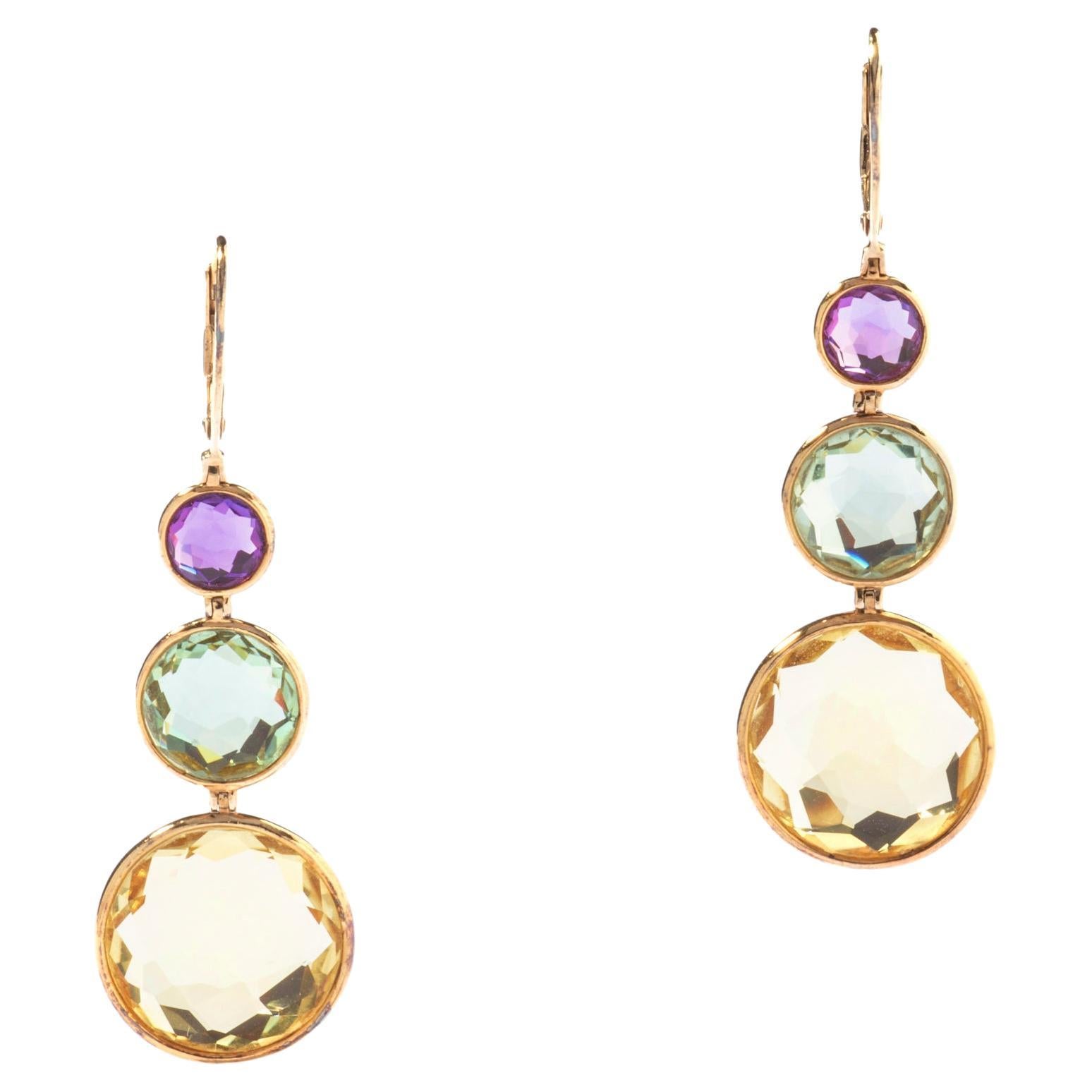 Citrine Amethyst Aquamarine Rose Cut Yellow Gold Earrings Ear Pendants