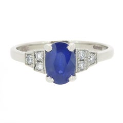 Art Deco Style Sapphire Diamond Engagement Ring in Platinum
