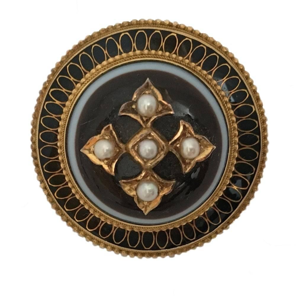 Victorian Sardonyx Mourning Brooch with Seed Pearls