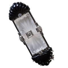 1920s Art Deco Rock Crystal Onyx Diamond Set White Gold Brooch 5
