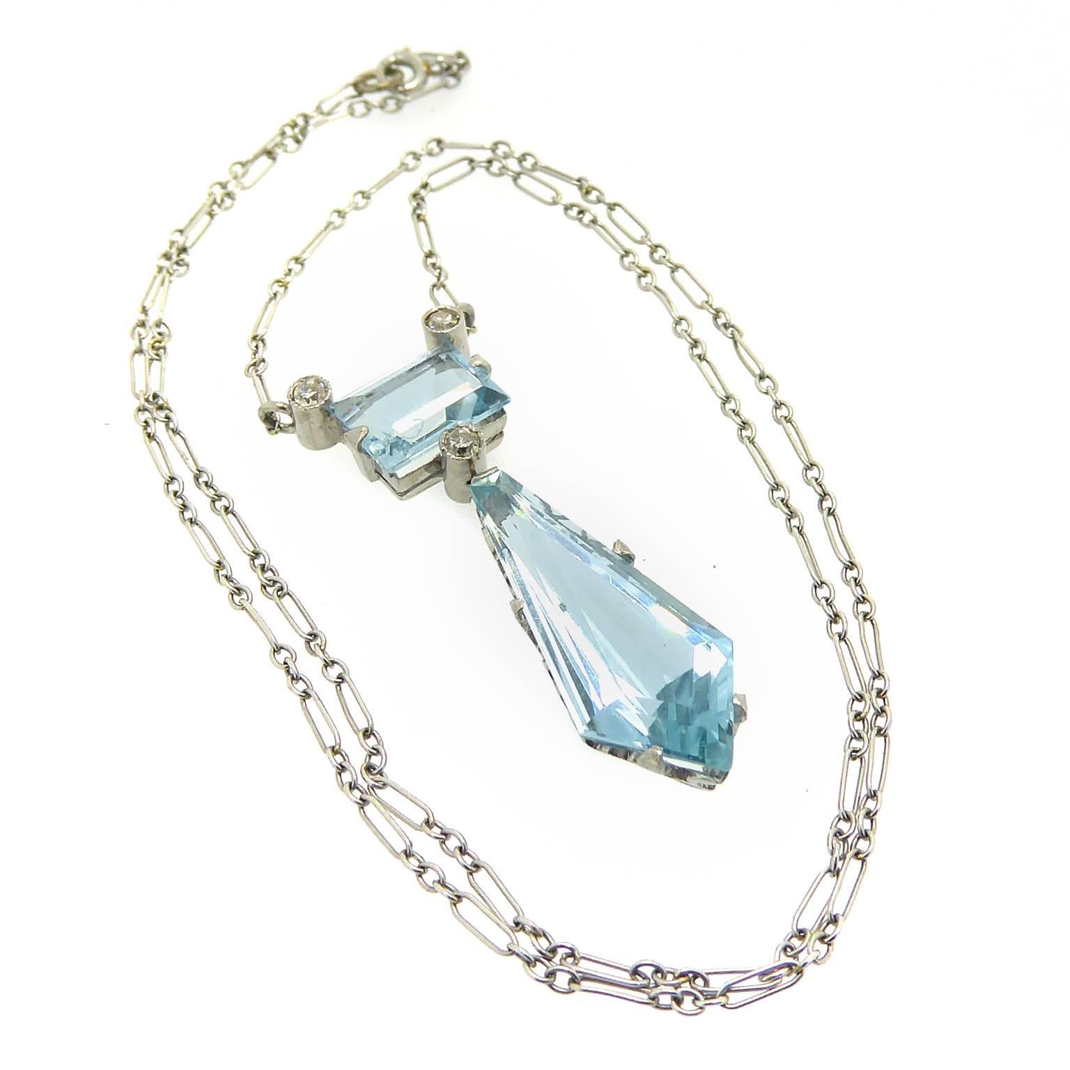 Vintage Aquamarine Diamond Drop Pendant, circa 1940s In Excellent Condition In Yorkshire, West Yorkshire