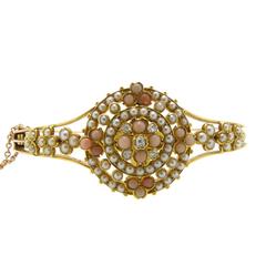 Victorian Diamond Pearl Coral Bangle, 15 Carat Gold 4