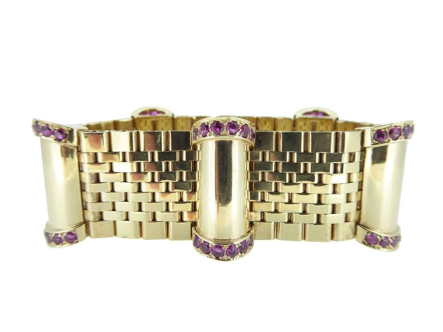 Vintage Ruby Yellow Gold 1959, Wide Cuff Bracelet In Excellent Condition In Yorkshire, West Yorkshire