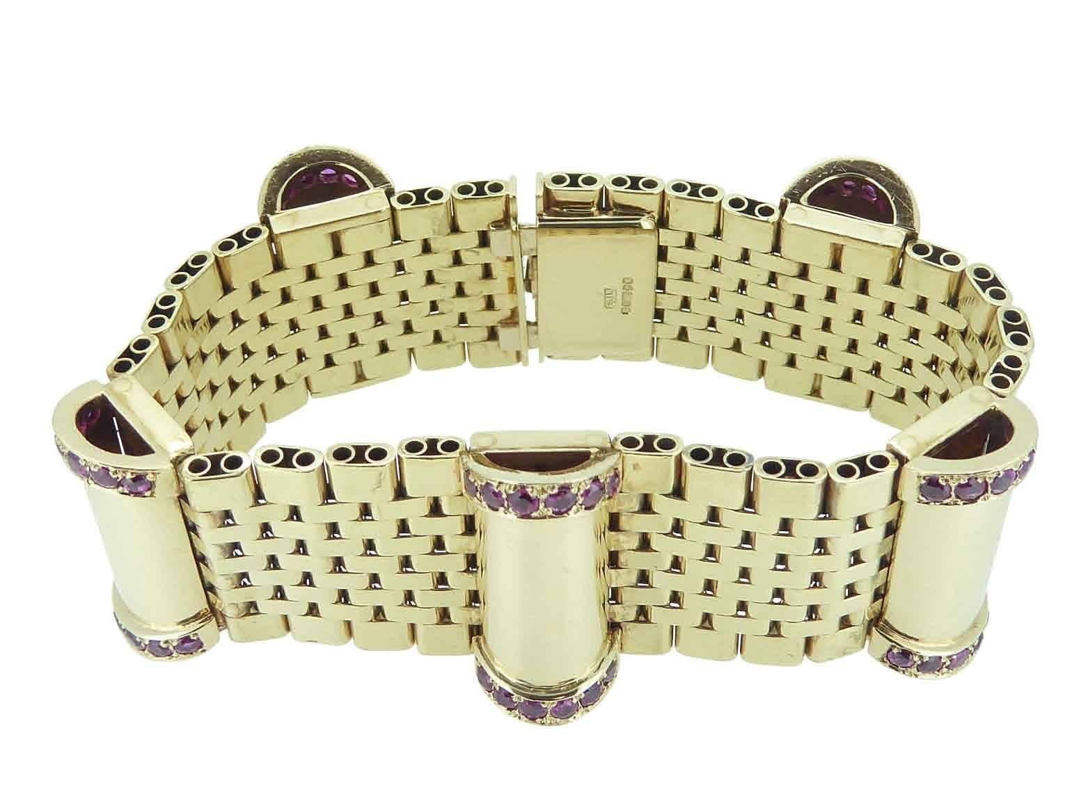 Modern Vintage Ruby Yellow Gold 1959, Wide Cuff Bracelet