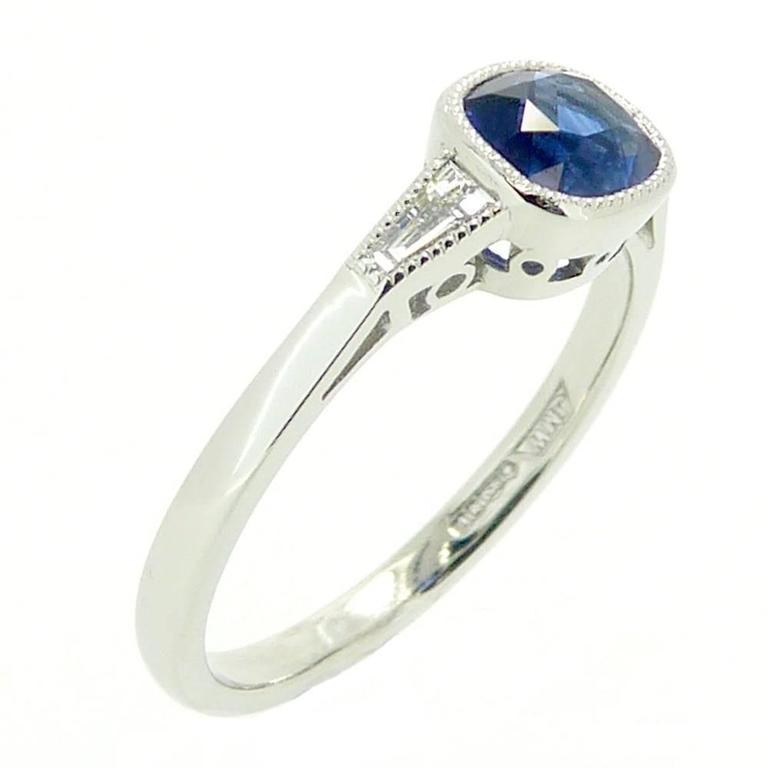 Art Deco Style Sapphire Ring With Tapered Baguette Cut Diamond