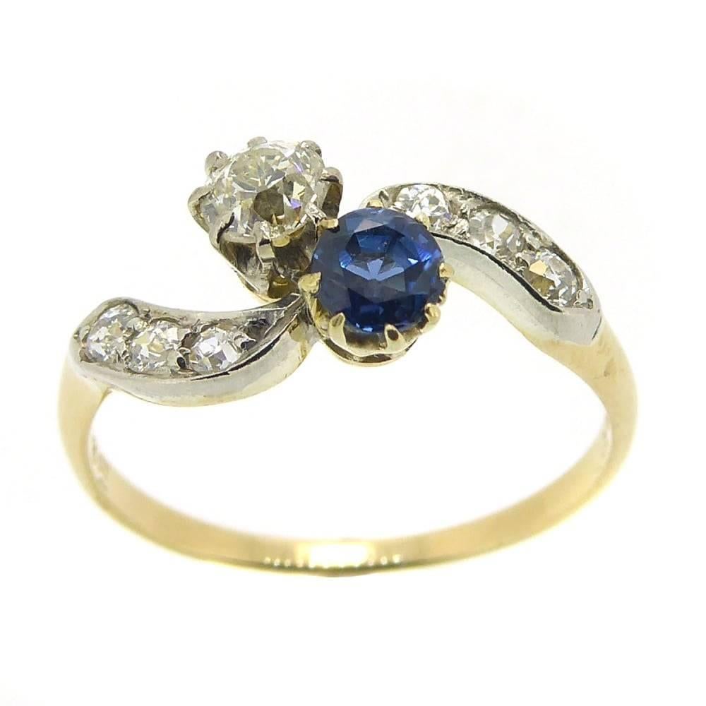 Art Deco Vintage Sapphire Diamond Ring Cross-Over Twist Diamond Shoulders, circa 1930s